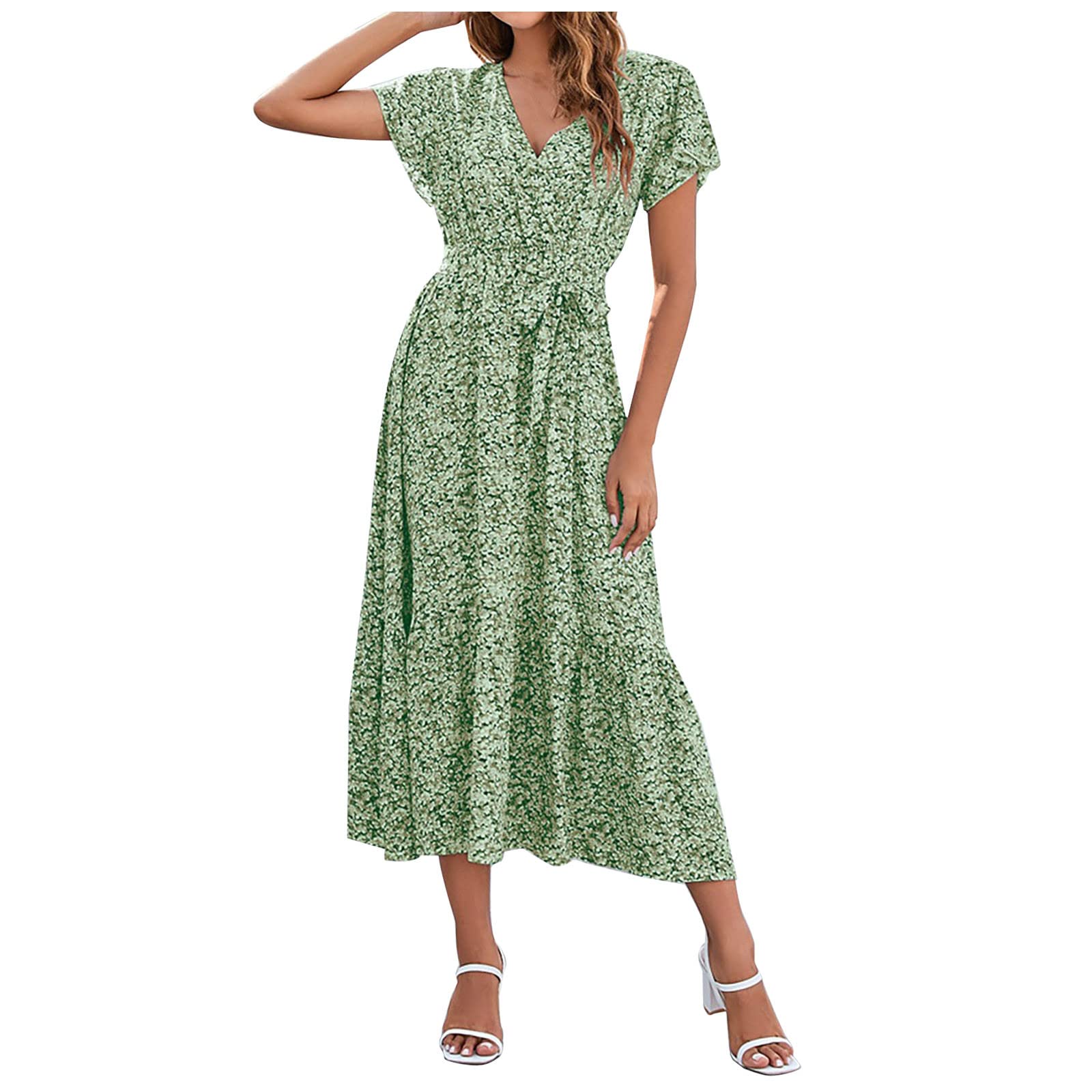 Women's Summer Floral Print Short Sleeve Bodycon Dress - Sexy Tight Beach Sundress with Ruffles & Flowy Long Skirt for Vacation, Pool Party, Date Night and Casual Outings