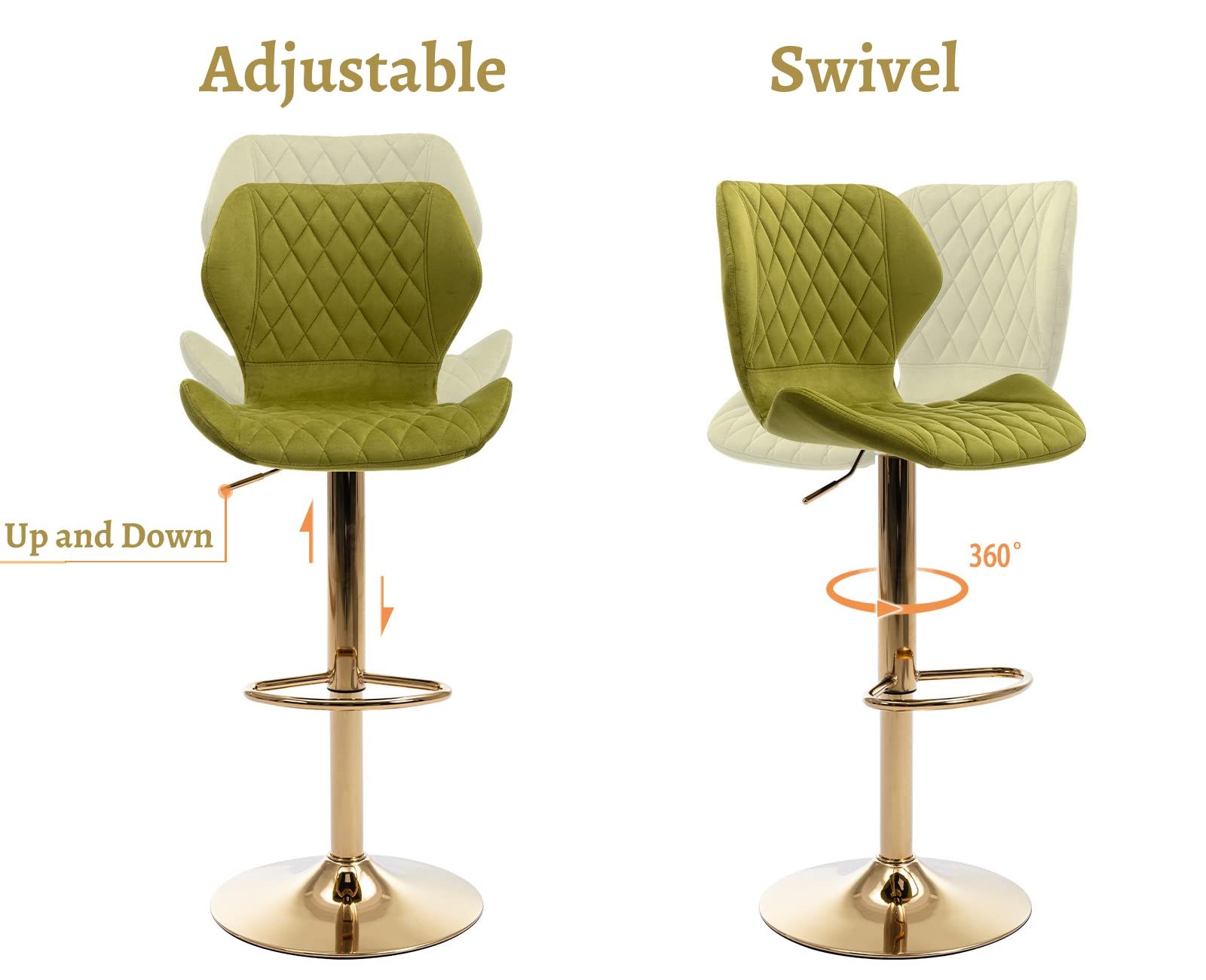EALSON Velvet Bar Stools Set of 4 - Modern Swivel Counter Height Bar Chairs with Back & Gold Base - Adjustable Kitchen Island Stools for Home Bar, Dining Room, Restaurant & Cafe - Green Velvet Upholstery