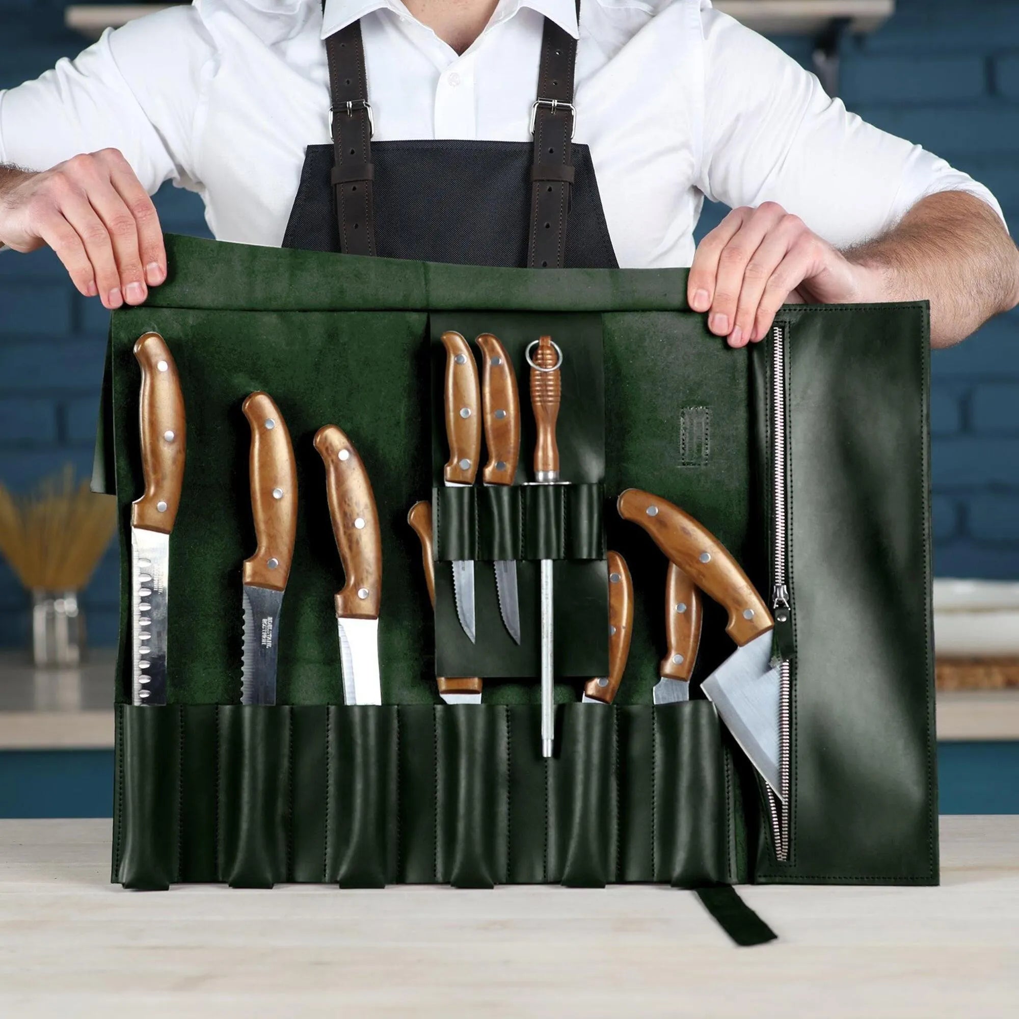 Premium Leather Knife Roll for Chefs & Butchers - Durable Professional Knife Storage Case with 12 Slots - Perfect for Kitchen, Camping & Culinary Gifts