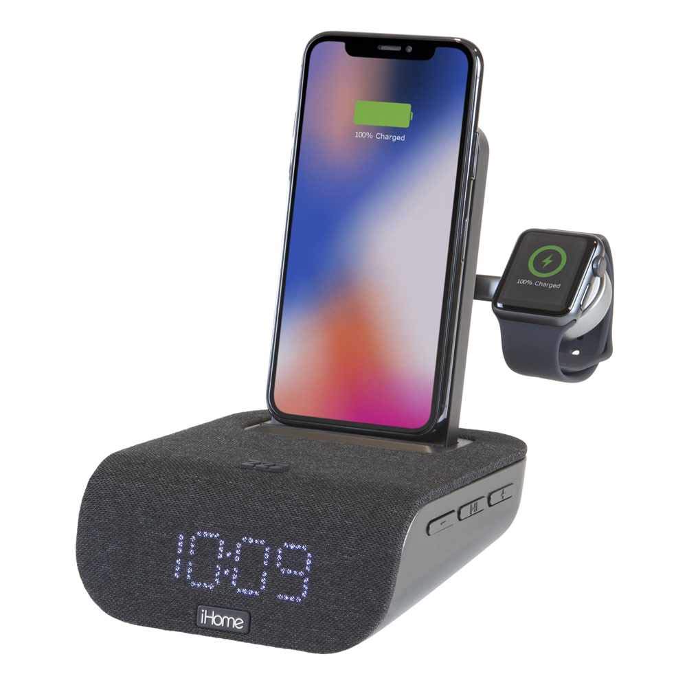 iHome TIMEBASE PRO+ Triple Charging Alarm Clock with Qi-Certified Wireless Charger, Apple Watch Charger, Bluetooth Speaker & USB Ports | Fast Charging for iPhone, Android, AirPods | Bedside, Office, Travel Use (Model iWBTW200B)