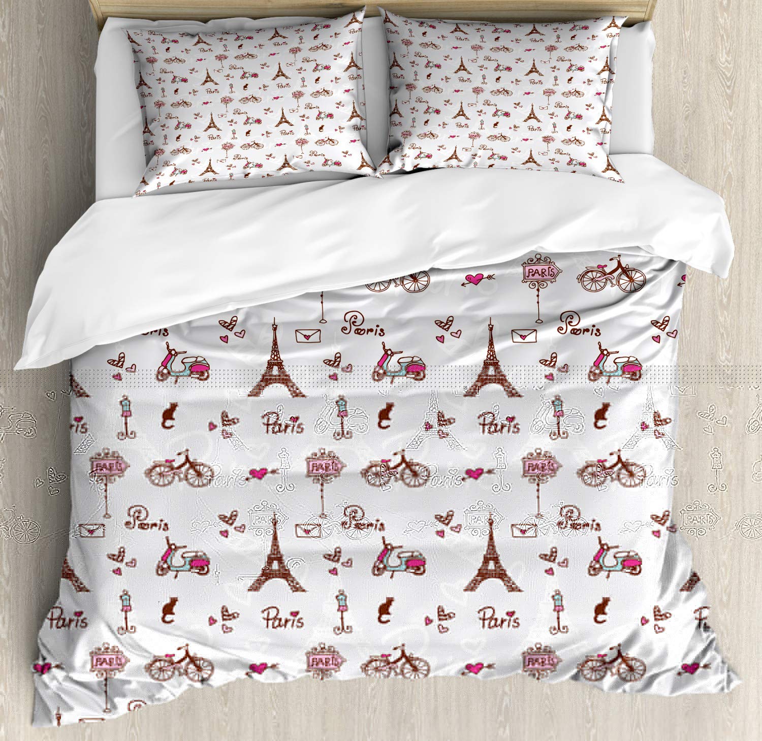 Ambesonne Paris Duvet Cover Set 3-Piece - Romantic Eiffel Tower & Hearts Print, California King Size, Redwood Pearl Pink - Perfect for Bedroom Decor, Valentine's Gift & Paris-Themed Home Design
