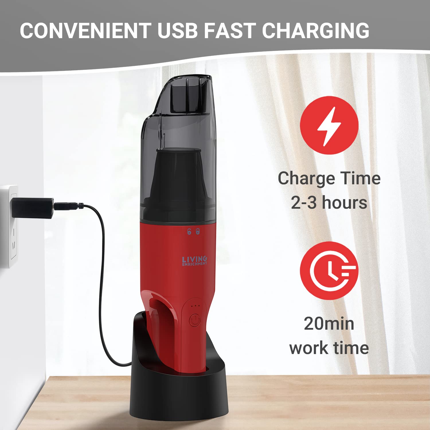 Rechargeable Handheld Vacuum Cleaner for Car & Home - Cordless Dust Buster with Powerful Suction, Crevice Nozzle & Cleaning Brush (Red) - Perfect for Pet Hair, Car Seats & Tight Spaces