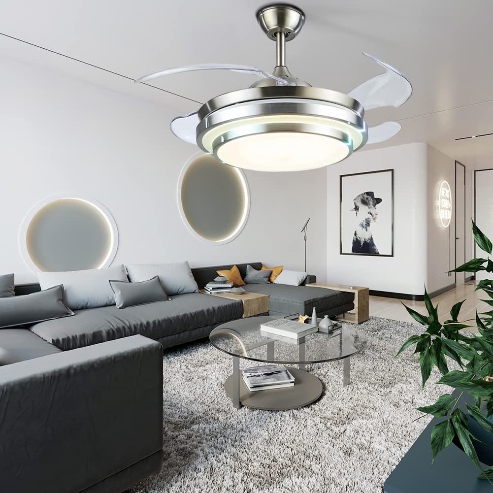 Modern Retractable Ceiling Fan with Remote Control - 12 Speed Adjustable LED Chandelier Fan, Reversible for Summer & Winter - Perfect for Dining Room, Living Room & Bedroom