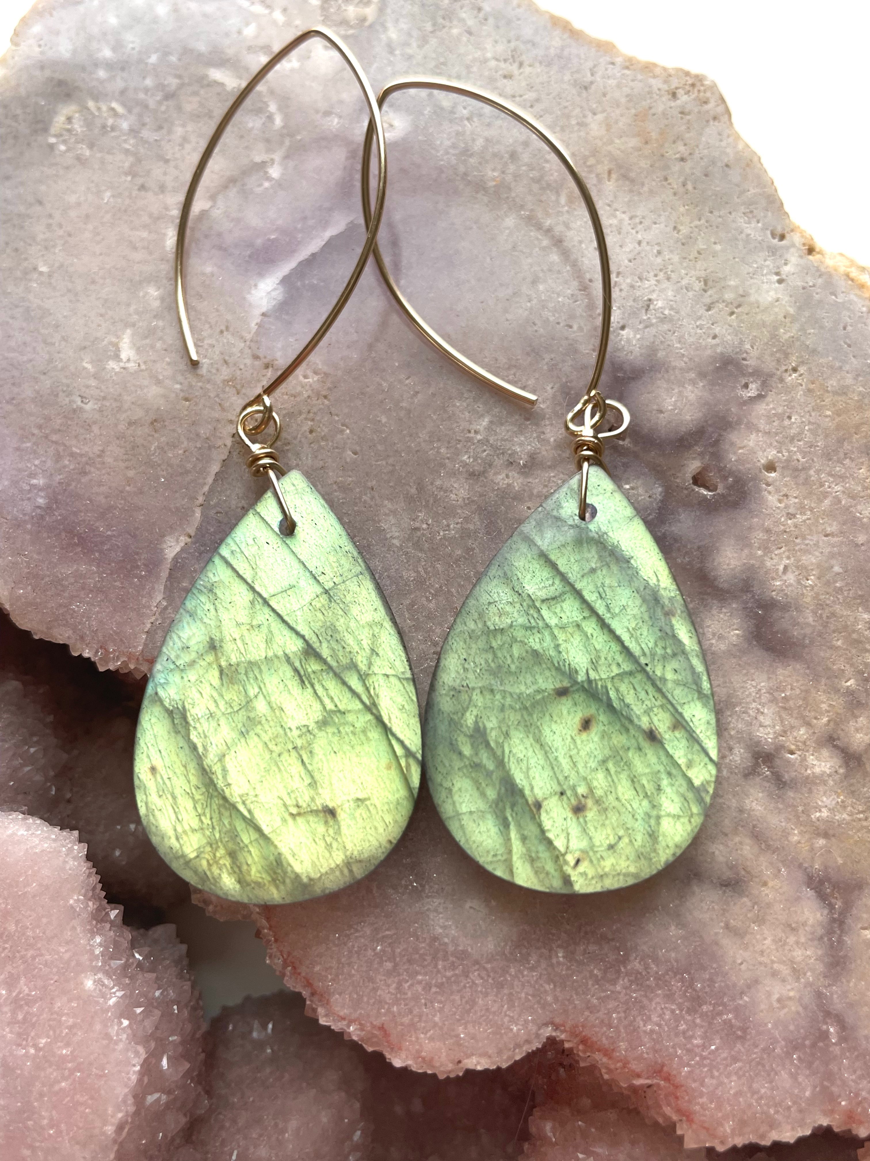 Labradorite Crystal Drop Earrings - 14K Gold Plated Dangle Earrings for Women | Elegant Boho Jewelry for Parties, Weddings & Everyday Wear