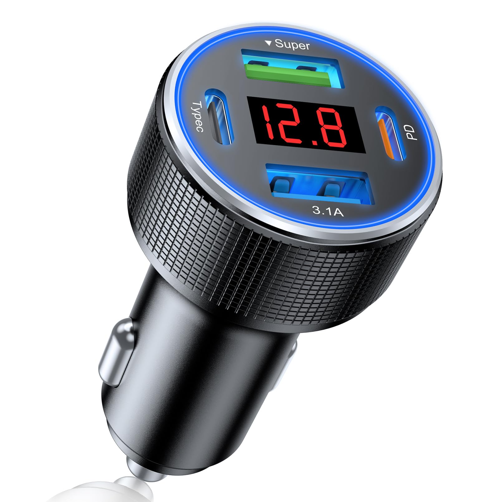 Fast Charging 4-Port USB C Car Charger with Voltmeter - Dual USB C & USB A Ports for iPhone, Samsung Galaxy, iPad & Tablets - Compact Metal Cigarette Lighter Adapter (Black) - Perfect for Road Trips, Commuting & Multi-Device Charging