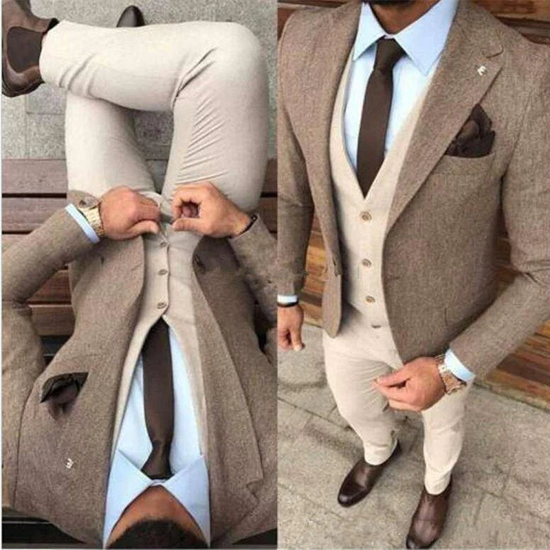 Stylish Brown Tweed Men's 3-Piece Suit Set - Slim Fit Blazer, Vest & Pants for Winter Weddings, Prom & Formal Events | Premium Groom Wear (CB3113)