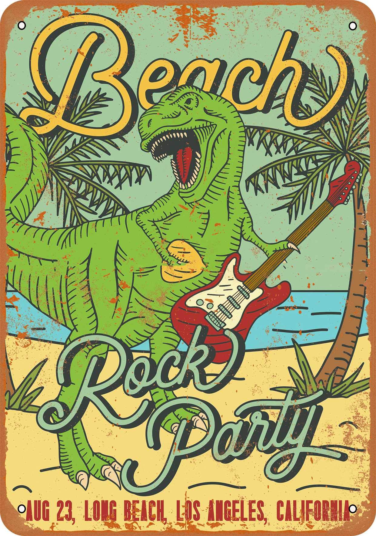 9x12 Inch Vintage Metal Sign - Beach Rock Party T-Rex Long Beach Retro Decor for Home, Bar, Garage, or Man Cave