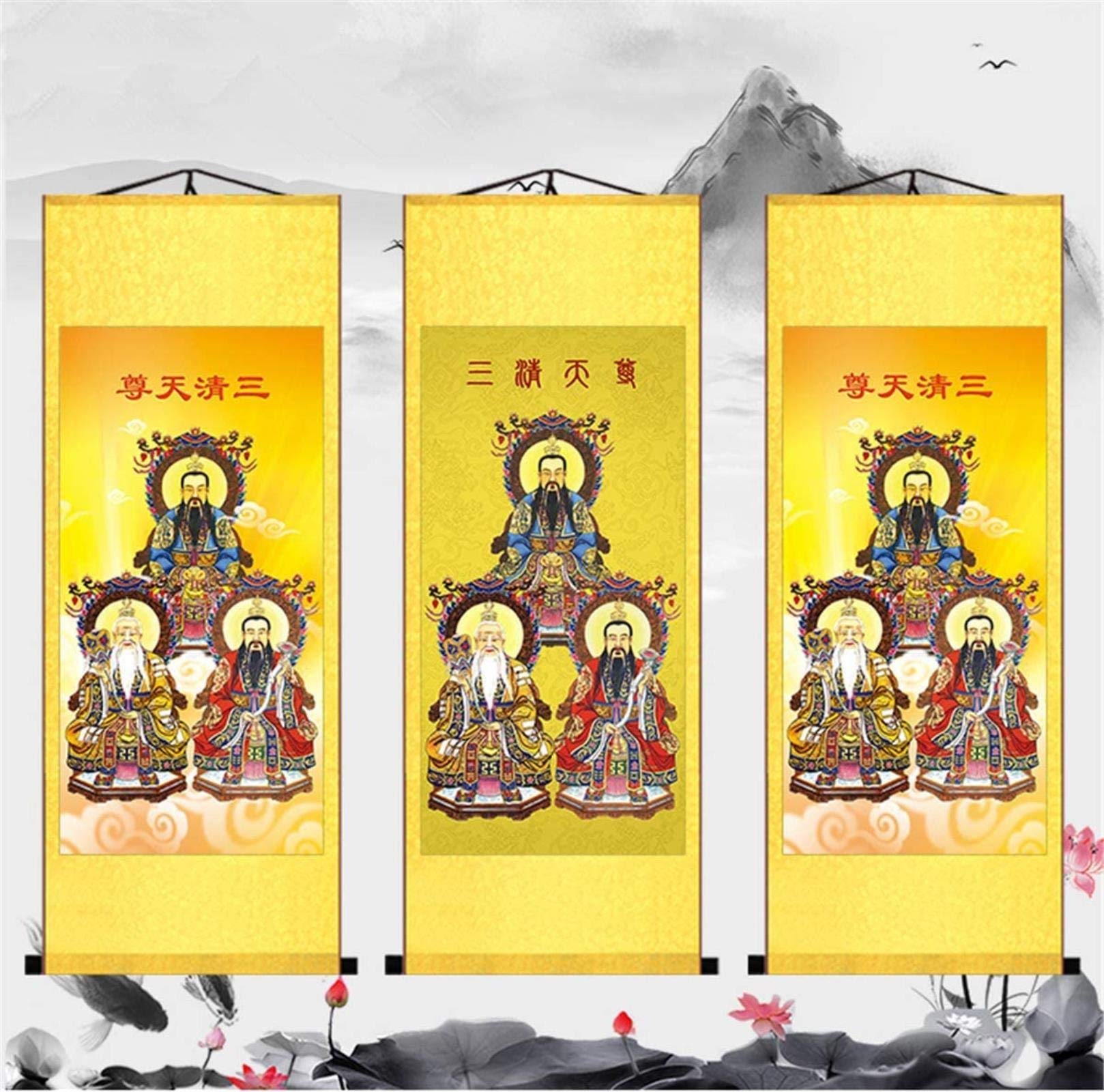 Authentic Chinese Taoist Landscape Scroll Painting - Handmade Silk Wall Art with Triple Purity Design, 12×31 Inch - Perfect for Home Decor, Meditation Rooms & Asian-Themed Interiors