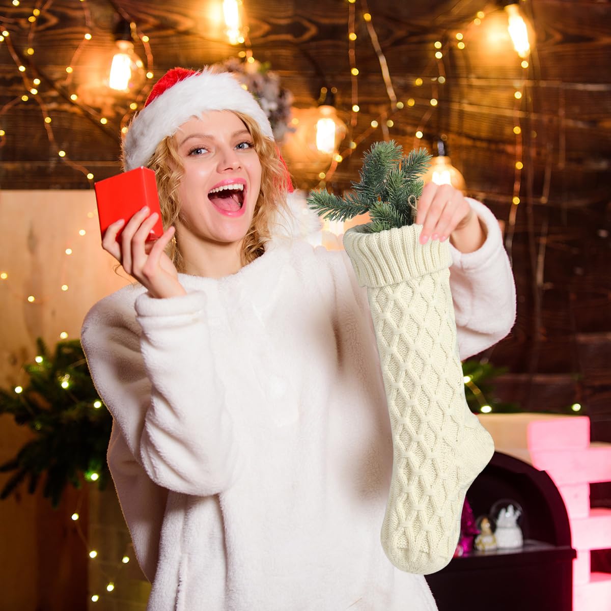 Premium Cable Knit Argyle Christmas Stockings - 18 Inch Large Size, Personalized Ivory White & Gray Holiday Decor (4 Pack) | Perfect for Family Gift Exchange, Fireplace Mantel Decorations & Festive Home Styling