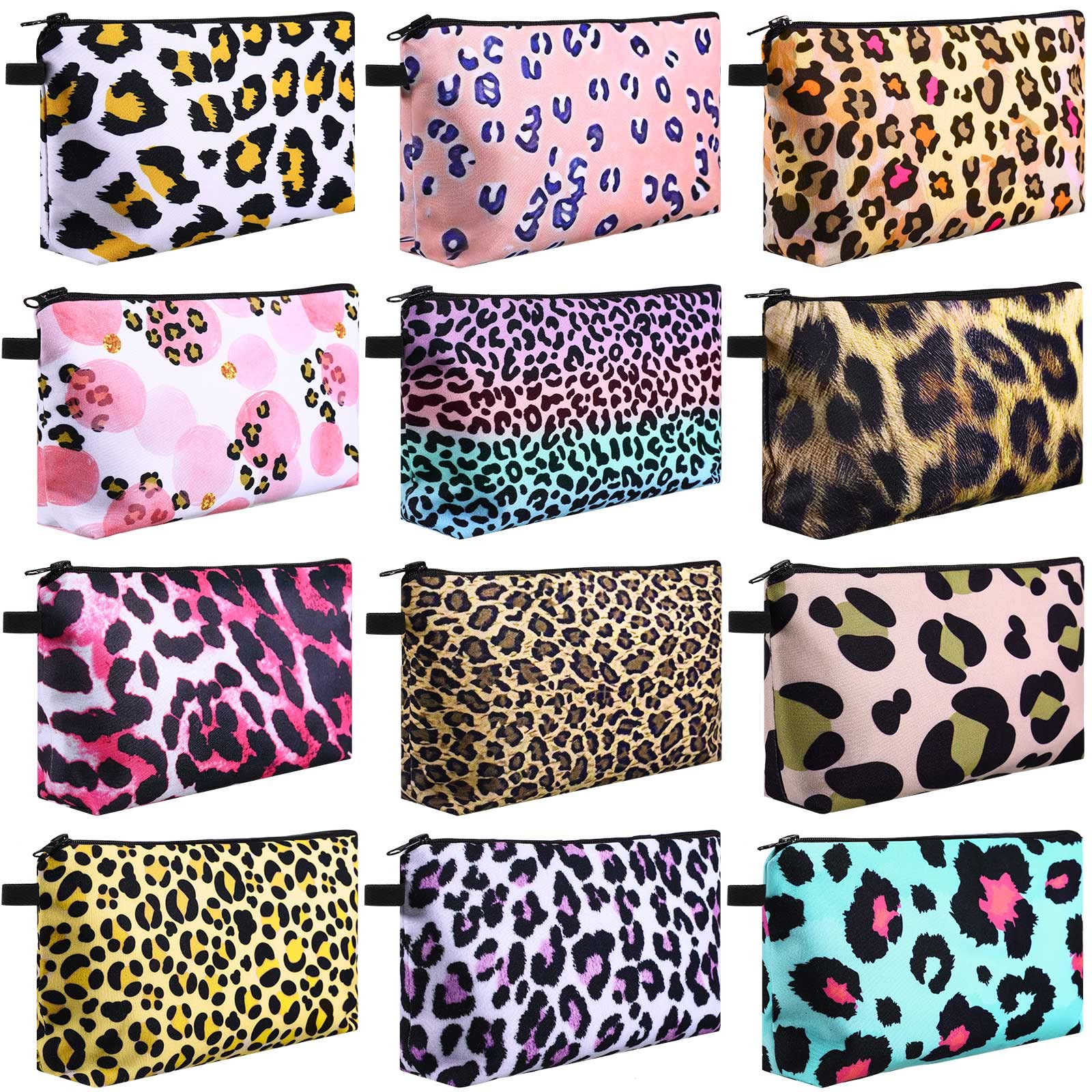 12-Piece Printed Waterproof Cosmetic Bags Set - Roomy Makeup & Toiletry Organizer Pouches with Zipper | Leopard Print Beauty Accessories for Women & Girls | Perfect for Travel, Gym & Daily Storage