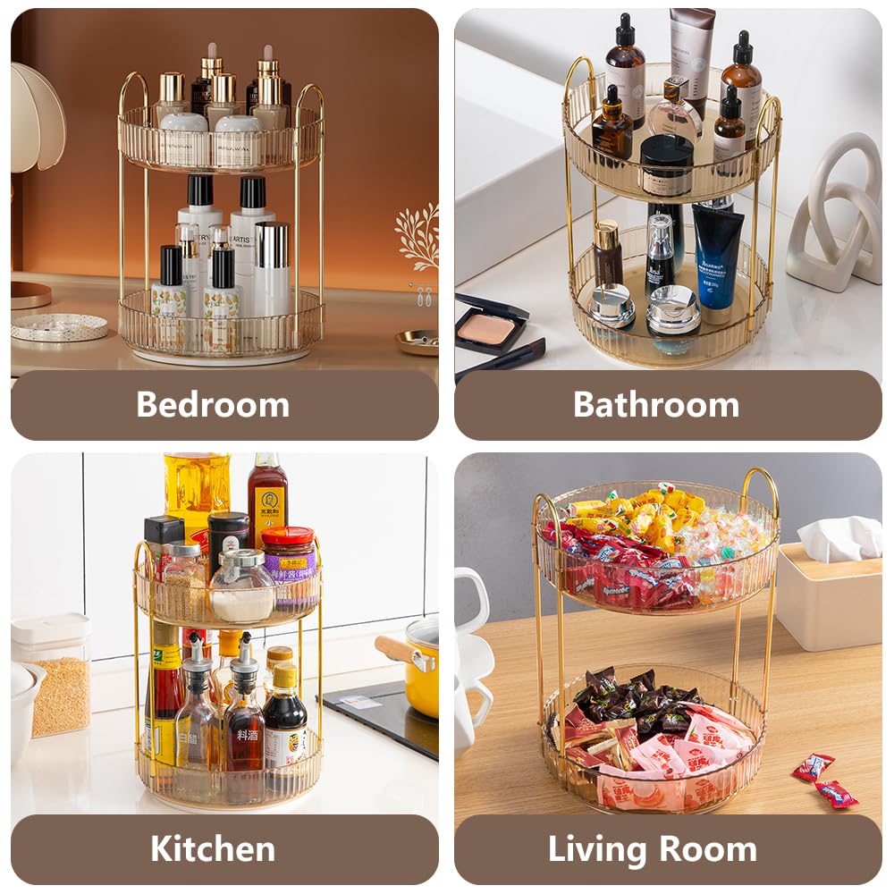 2-Tier Rotating Makeup Organizer - Spinning Cosmetic Storage for Vanity & Bathroom Countertop - Skincare Holder for Facial Cream, Perfume, Lotion, Lipstick (Amber) - Perfect for Beauty Routine & Clutter-Free Organization