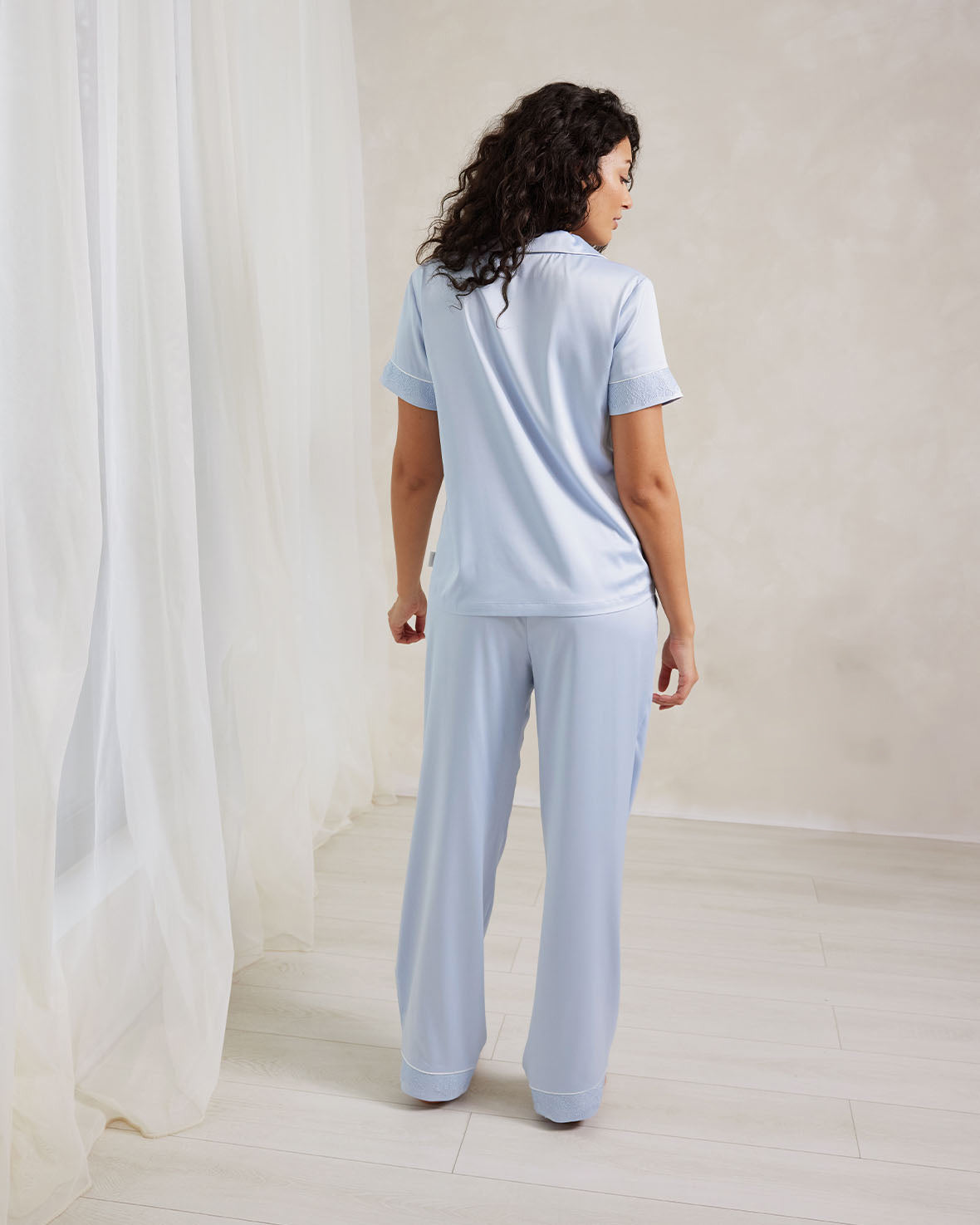 Satin Lace Trim Short Sleeve Long Pajama Set for Women - Soft Sleepwear Nightwear in Cornflower Blue - Perfect for Relaxing at Home, Sleepovers & Cozy Nights
