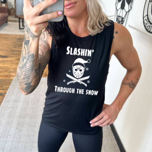 Slashin Through The Snow Muscle Tank Top - Sleeveless Workout Shirt for Men & Women - Perfect for Gym, Running, and Winter Sports