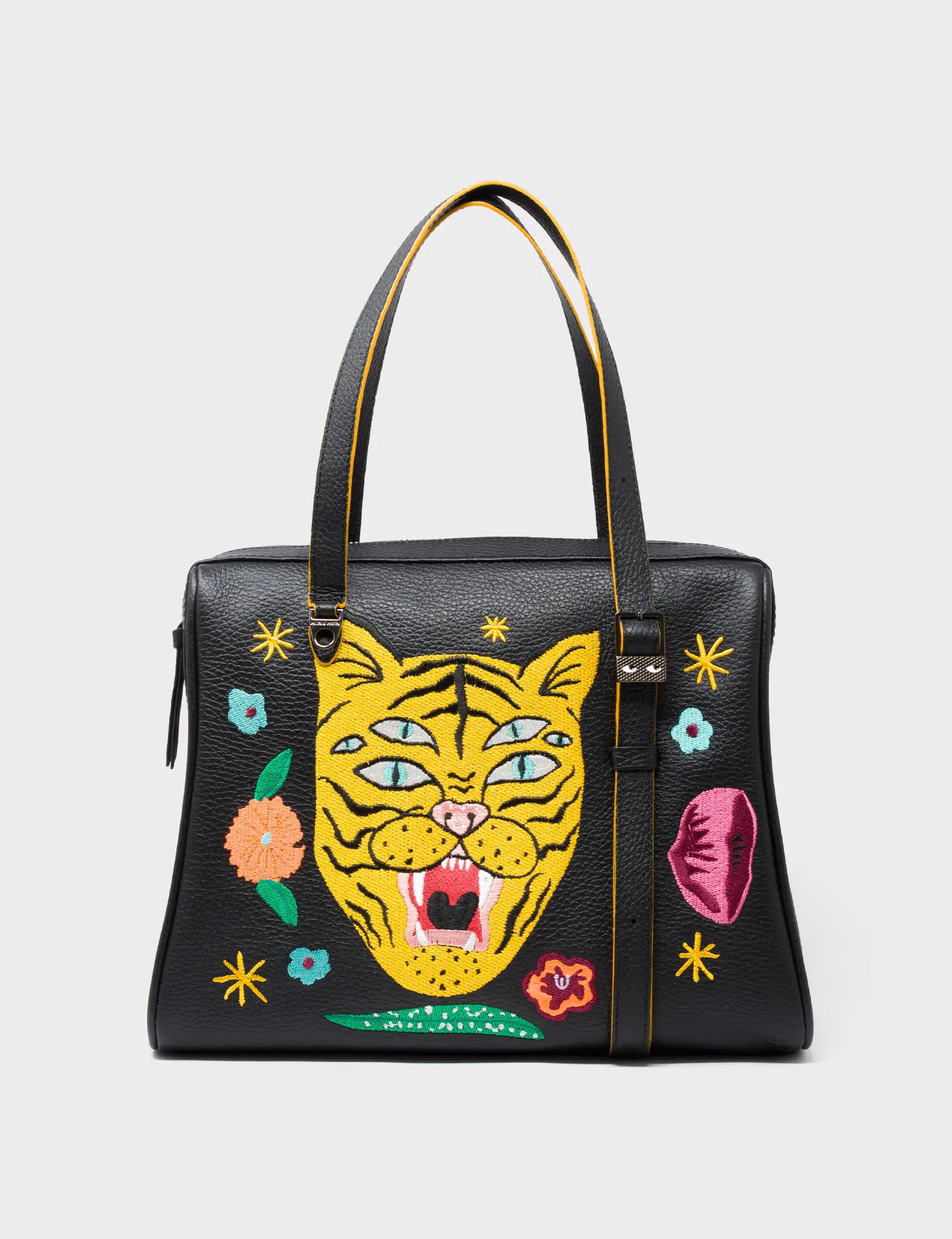 Elegant Esther Black Satchel Bag with Tiger and Flowers Embroidery - Perfect for Women's Fashion, Work, Travel & Everyday Use