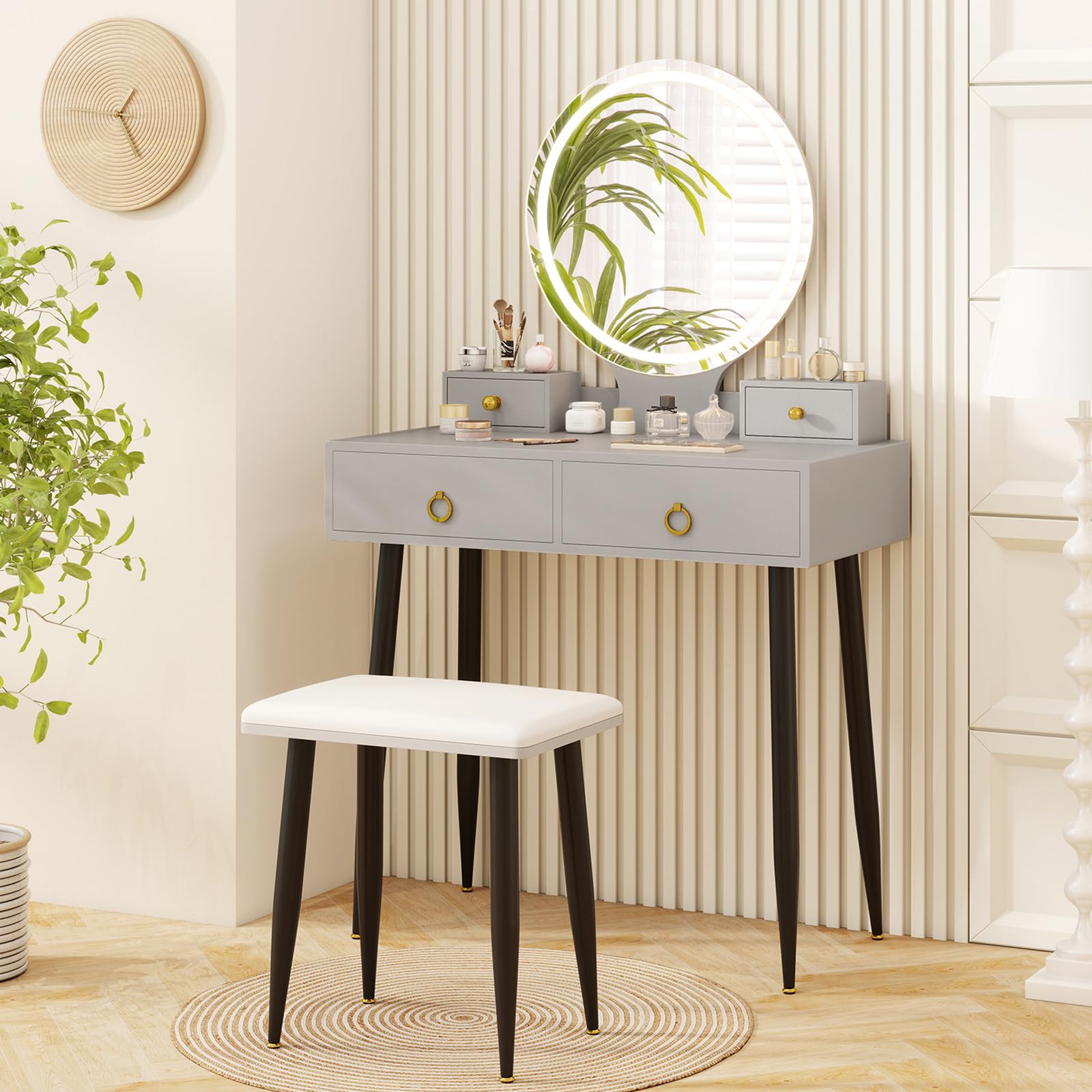 Charmaid Vanity Desk with Mirror & LED Lights - Modern Makeup Vanity Table with 4 Storage Drawers, 3 Lighting Modes & Adjustable Brightness - Gray & Black Dressing Table with Stool for Bedroom, Bathroom & Dorm Room
