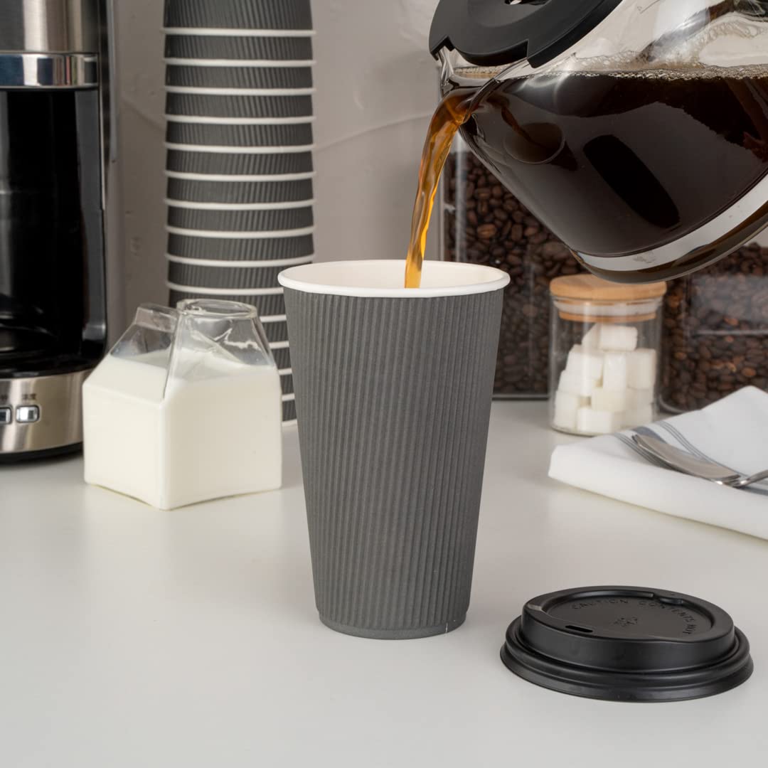 16oz Insulated Coffee Cups with Lids - 200 Pack Leakproof Ripple Wall Hot Cups | Disposable Gray Paper Cups for Coffee, Tea, Hot Cocoa & Lattes | Perfect for Cafes, Offices & Catering Events