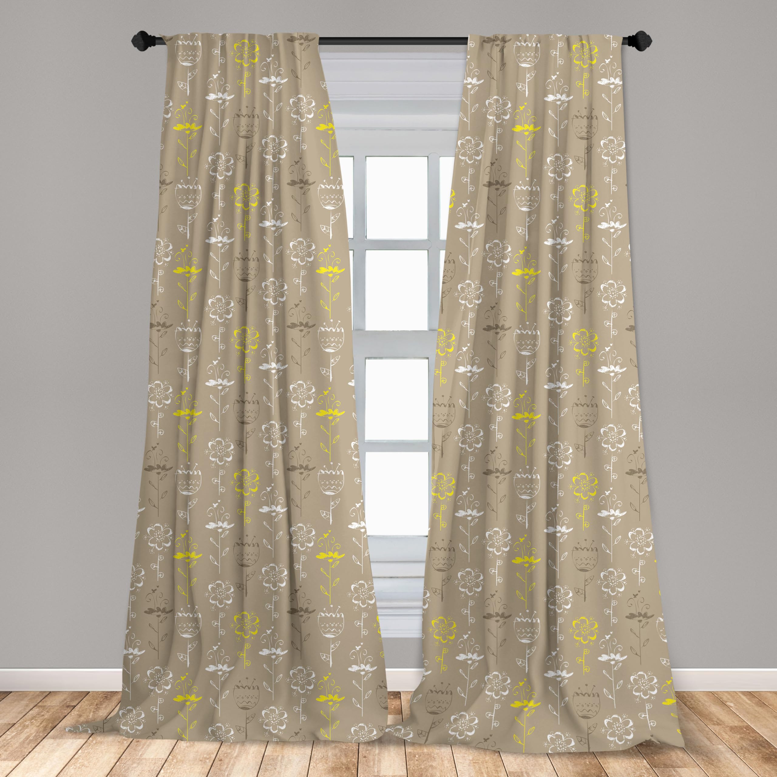 Ambesonne Grey and Yellow Window Curtains - Hand Drawn Tulips Flowers Leaves Butterflies Art - Lightweight Blackout Curtains 2-Panel Set with Rod Pocket (28