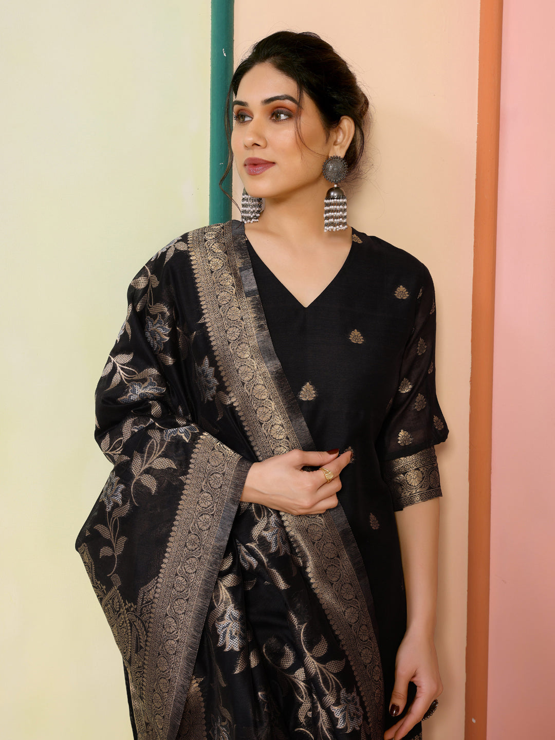 Black Designer Readymade Chanderi Pant Suit With Wevon Jacquard - Elegant Women's Formal Wear for Office, Parties & Special Occasions