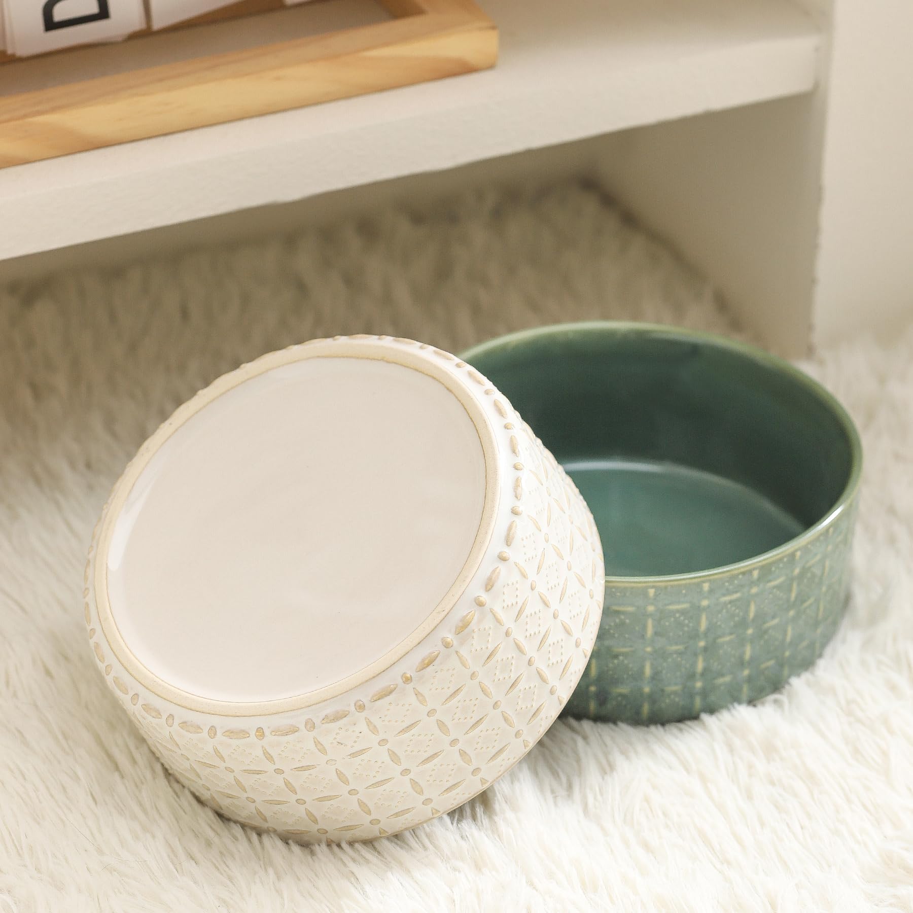 Ceramic Dog Bowl Set - 6.5 Inch Pet Food & Water Dish for Small & Medium Dogs - Non-Slip Puppy Feeding Bowl in Green - Perfect for Home, Travel & Outdoor Use
