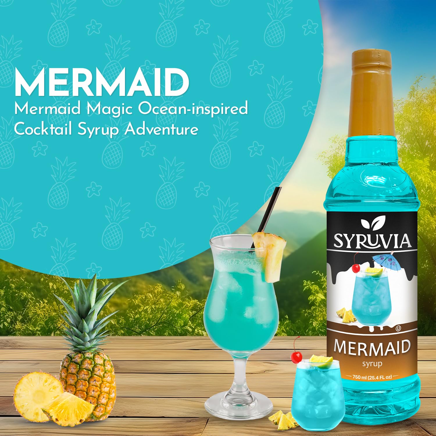 Premium Syruvia Mermaid Syrup - Kosher & Gluten Free Flavoring Syrup for Tea, Italian Sodas, Cocktails, Mocktails, Desserts & Ice Cream - 25.4 fl oz - Perfect for Coffee Shops, Bubble Tea, Home Bars & Party Drinks