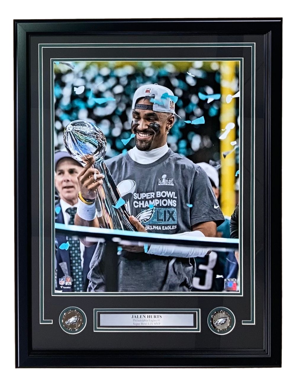 Jalen Hurts Framed 16x20 Philadelphia Eagles Super Bowl 59 Trophy Photo - Premium Football Memorabilia for Eagles Fans, Man Cave & Sports Room Decor