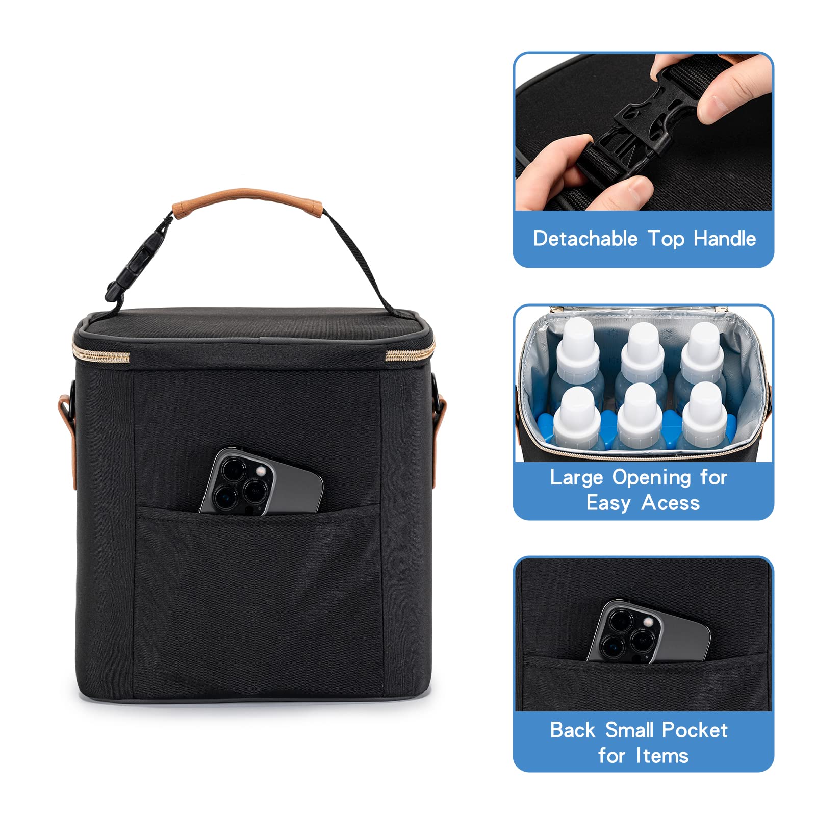 Premium Insulated Breastmilk Cooler Bag with Ice Pack - Holds 6 Baby Bottles (Up to 9oz) - Convenient Shoulder Strap for Nursing Moms - Perfect for Daycare, Work & Travel - Black