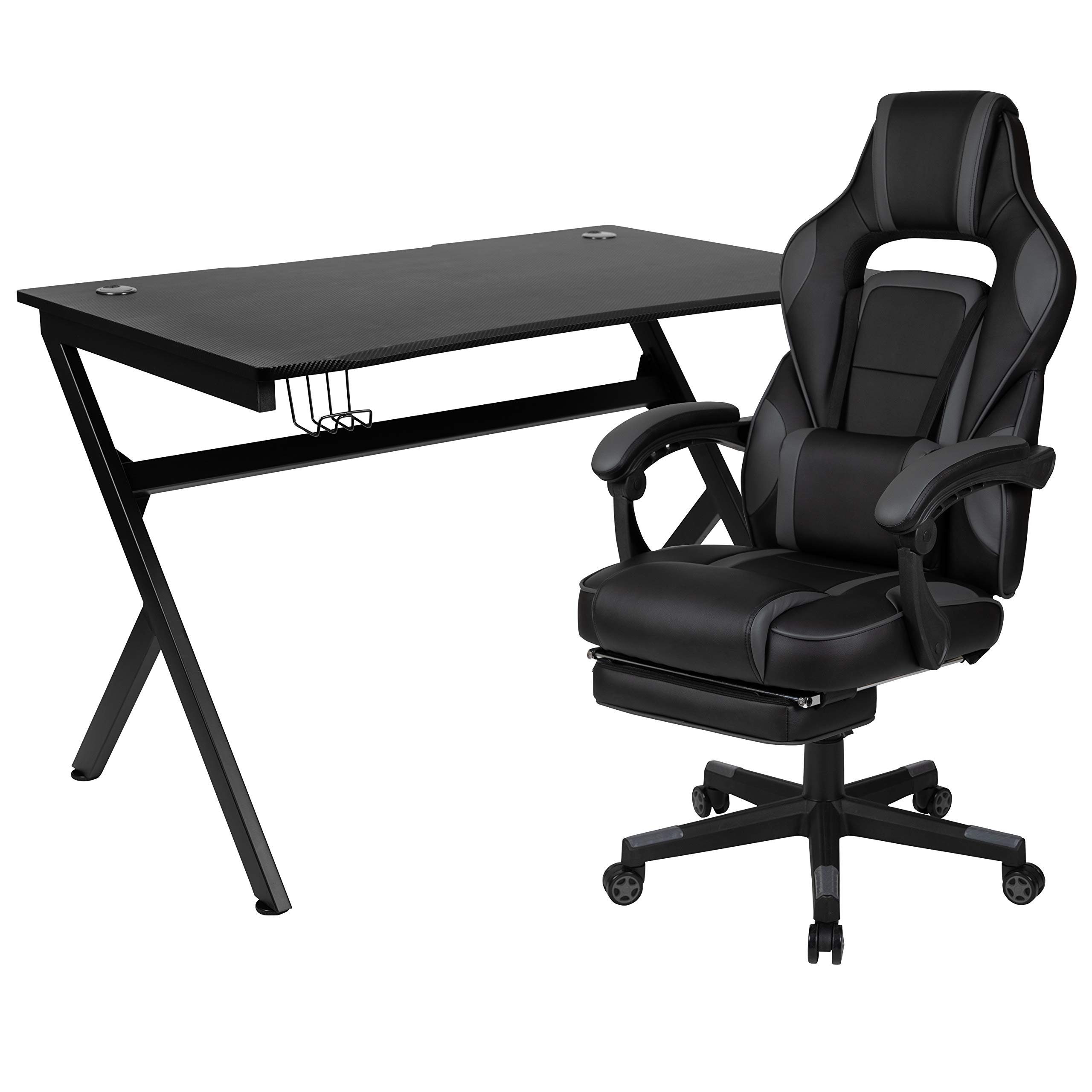 Premium Black Gaming Desk with Cup Holder, Headphone Hook & Cable Management Holes - Ergonomic Gaming Chair with Adjustable Backrest, Armrests & Footrest for Ultimate Comfort - Perfect for PC Gaming Setups, Streaming Studios & Home Offices