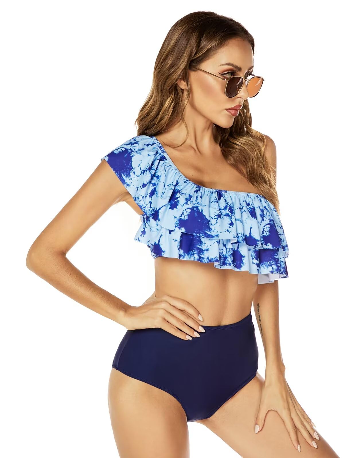 VIMPUNEC Women's Striped High Waisted Ruffle One Shoulder Two Piece Swimsuits - Sexy Bathing Suit for Beach, Pool Party & Summer Vacation