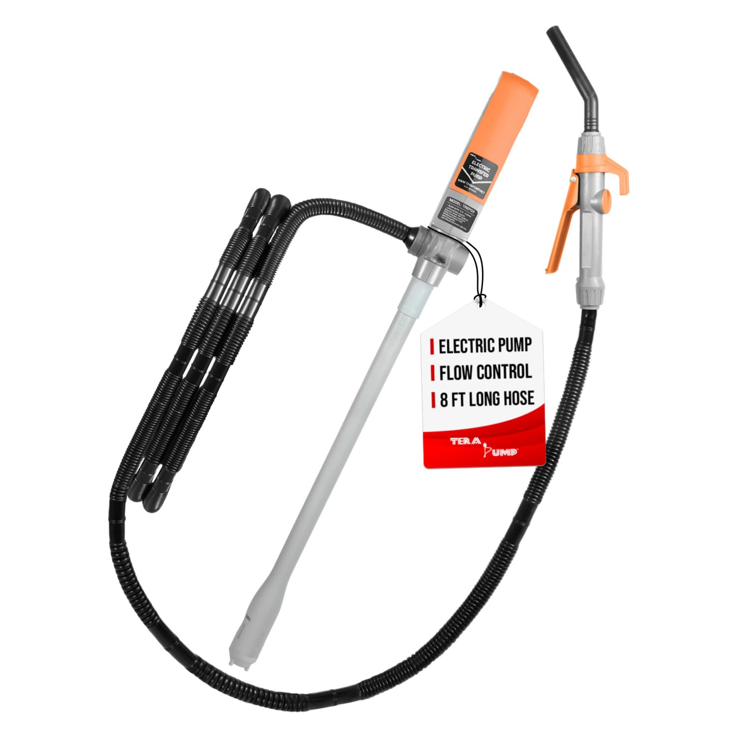 TERA PUMP Electric Fuel Transfer Pump with Quick Flow Control Nozzle & Telescopic Tube - 12V AC/DC Plug-in & DC Inverter Clips, 8FT Hose for Gas, Diesel, Water (2.8 GPM) - Perfect for Home, Farm, RV, and Emergency Fuel Transfer Needs