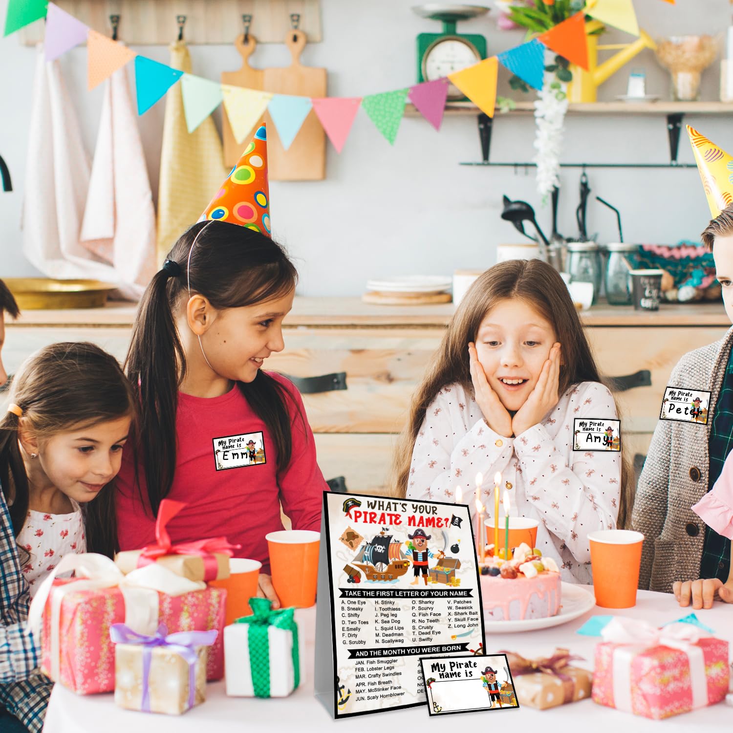 Pirate Name Game Set with Sign & 30 Cards - Fun Pirate Birthday Party Decorations for Boys - Perfect for Pirate Themed Parties, Treasure Hunts & Holiday Activities