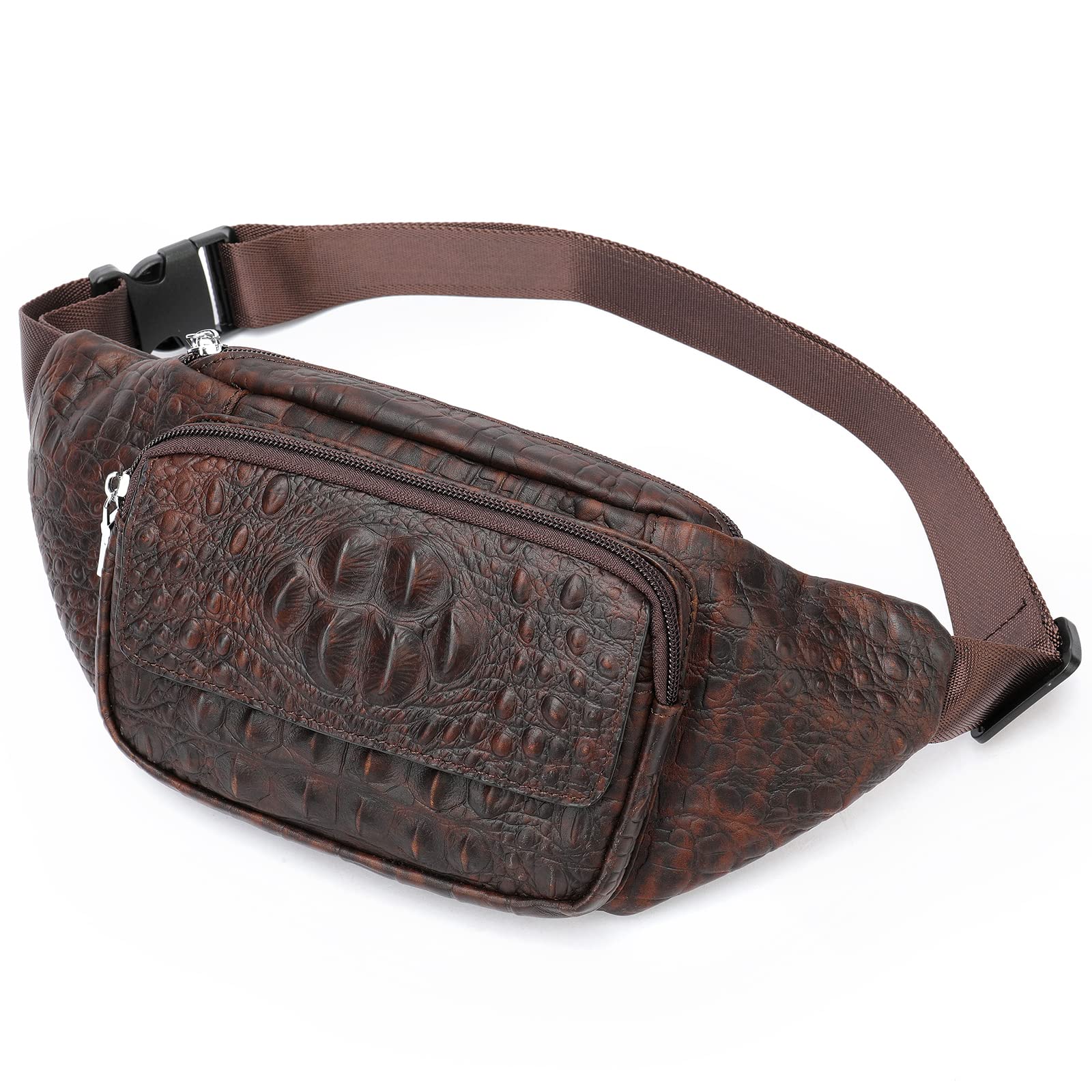 NIUCUNZH Genuine Leather Fanny Pack for Men & Women - Adjustable Crossbody Waist Bag with Crocodile Pattern (Brown) - Perfect for Travel, Hiking, and Everyday Use