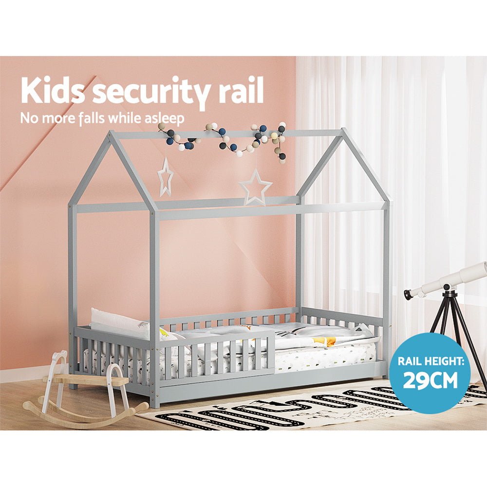 House Style Kids Single Bed Frame - Sturdy Grey Wooden Bed for Children's Room, Toddler Bedroom Furniture, Perfect for Small Spaces and Sleepovers
