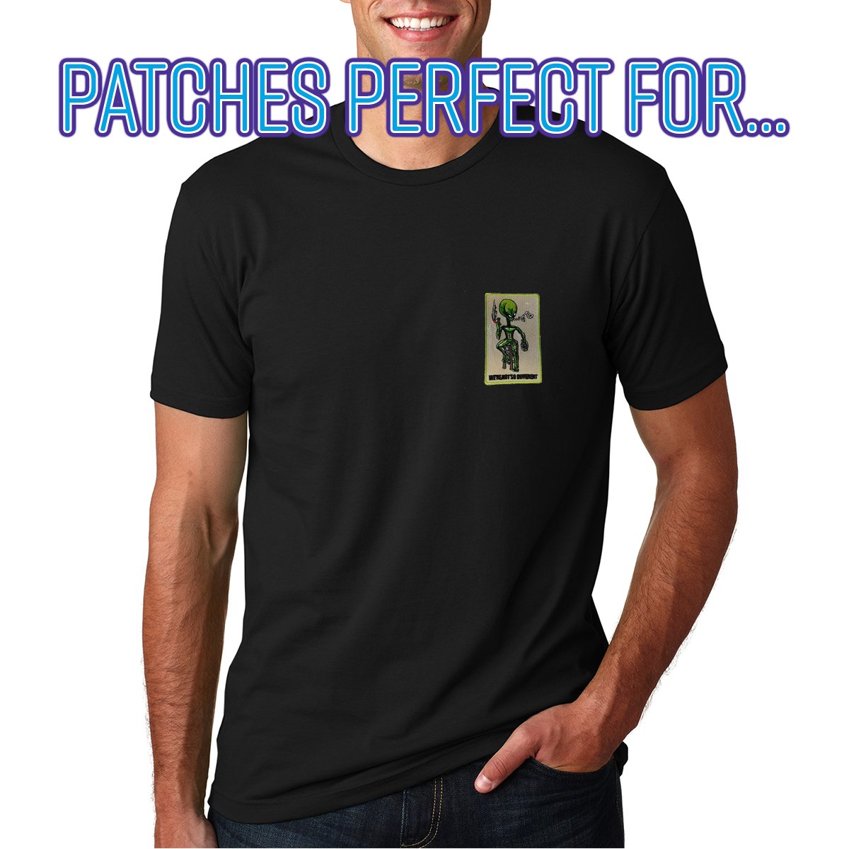 Alien on Barstool Iron On Patch - 'We're Not So Different' Novelty Applique for DIY Clothing, Jackets, Bags & Costumes