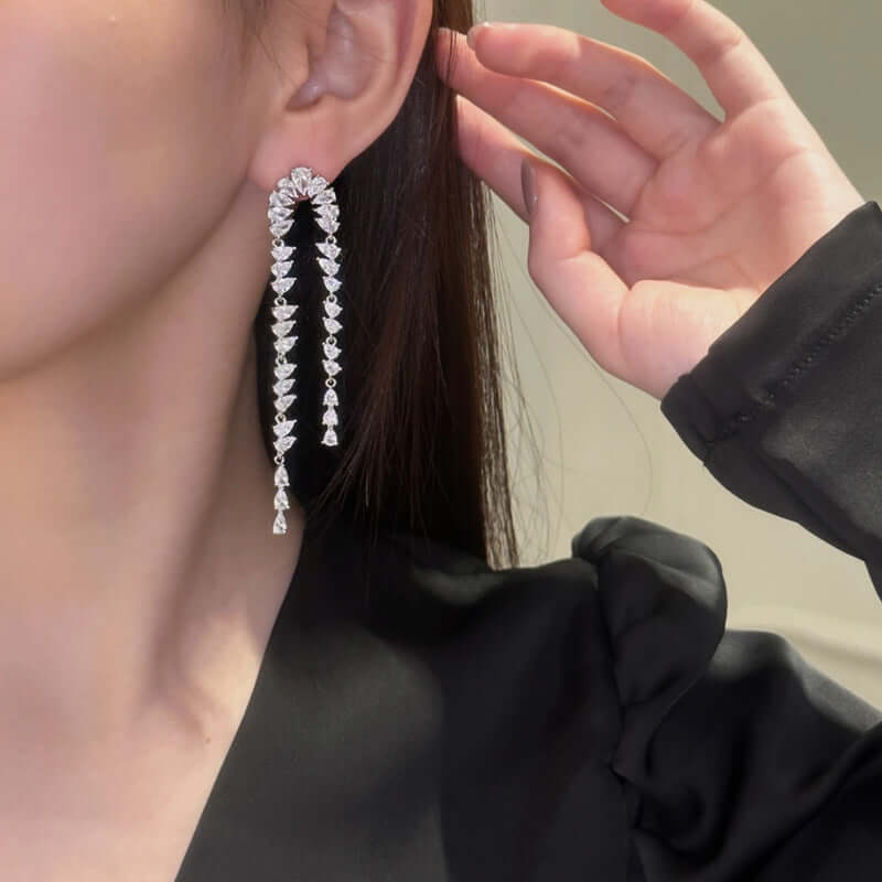 Luxury Teardrop Zircon Waterfall Fringe Earrings for Women - Elegant Crystal Dangle Earrings for Party, Wedding & Evening Events | R5347