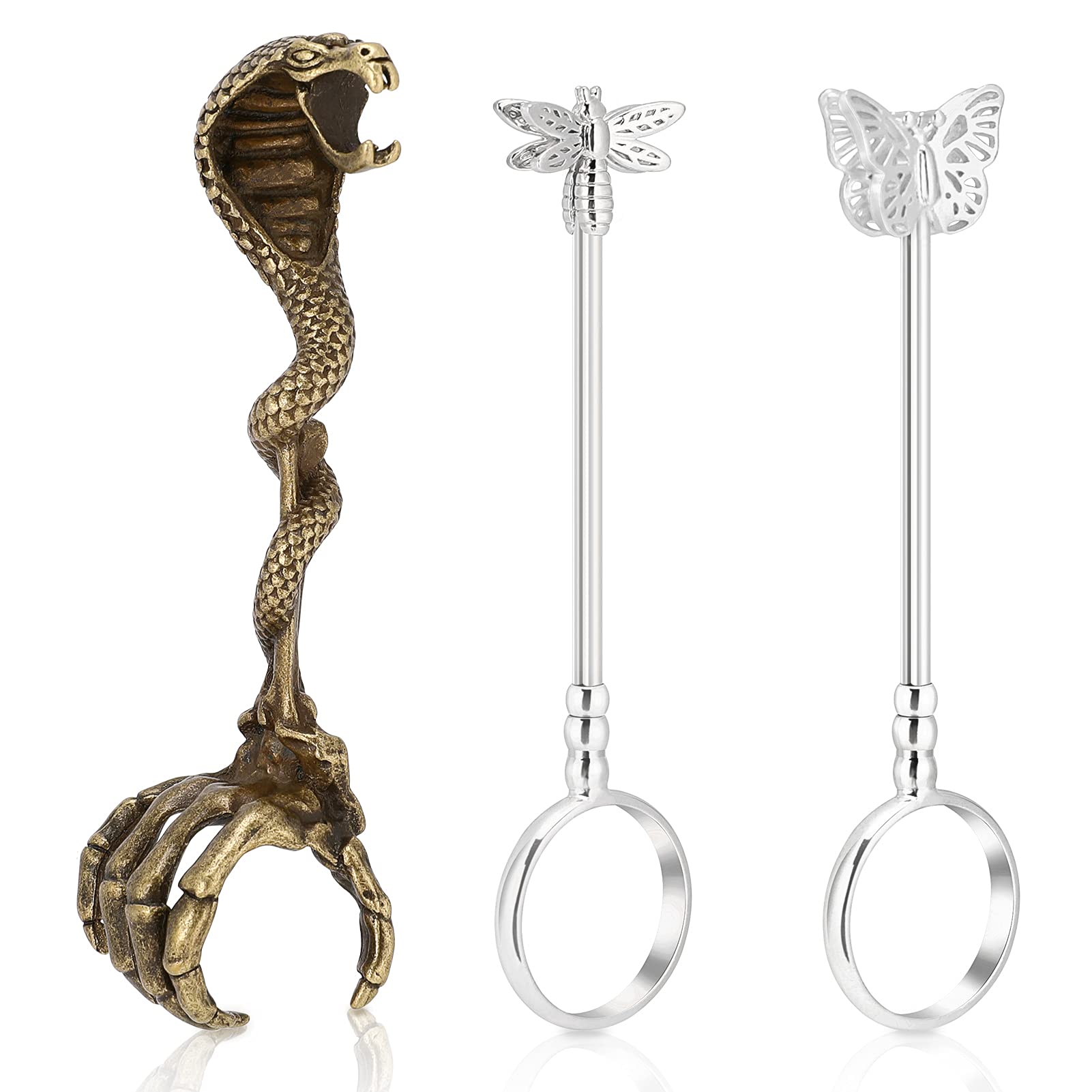 ACETOP 3Pcs Hand Shape Blunt Joint Holder Rings for Men & Women - Butterfly, Dragonfly, Cobra Skull Designs - Elegant Finger Holder for Lady & Gentleman (17mm, Silver/Bronze) - Perfect for Smoking Accessories, Gifts & Fashion Jewelry