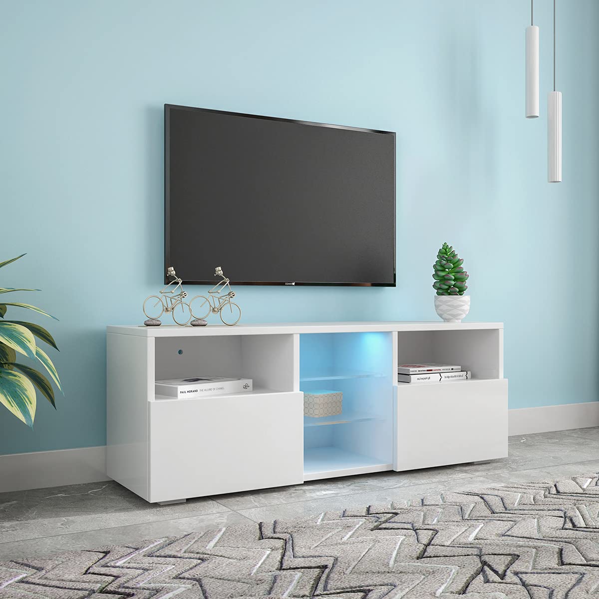 Bonzy Home 20 Inch LED TV Stand with 16-Color RGB Lighting & RF Remote - Modern White Entertainment Center for Living Room & Bedroom | Perfect for Gaming Setups & Home Theater Systems