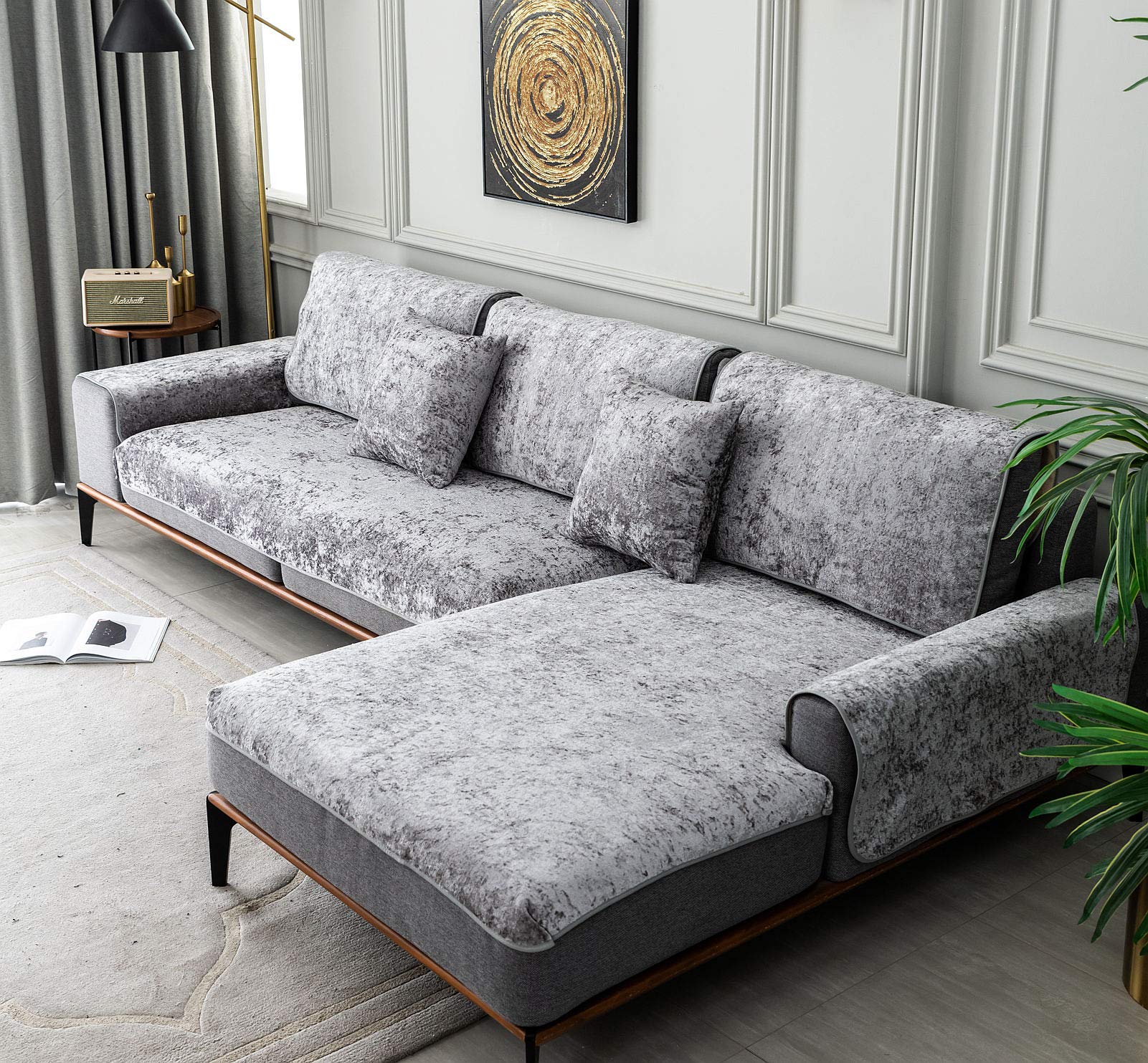 Premium Crushed Velvet Sofa Slipcover - Gray Stretchable Couch Cover for Sectional, Loveseat & Recliner (28