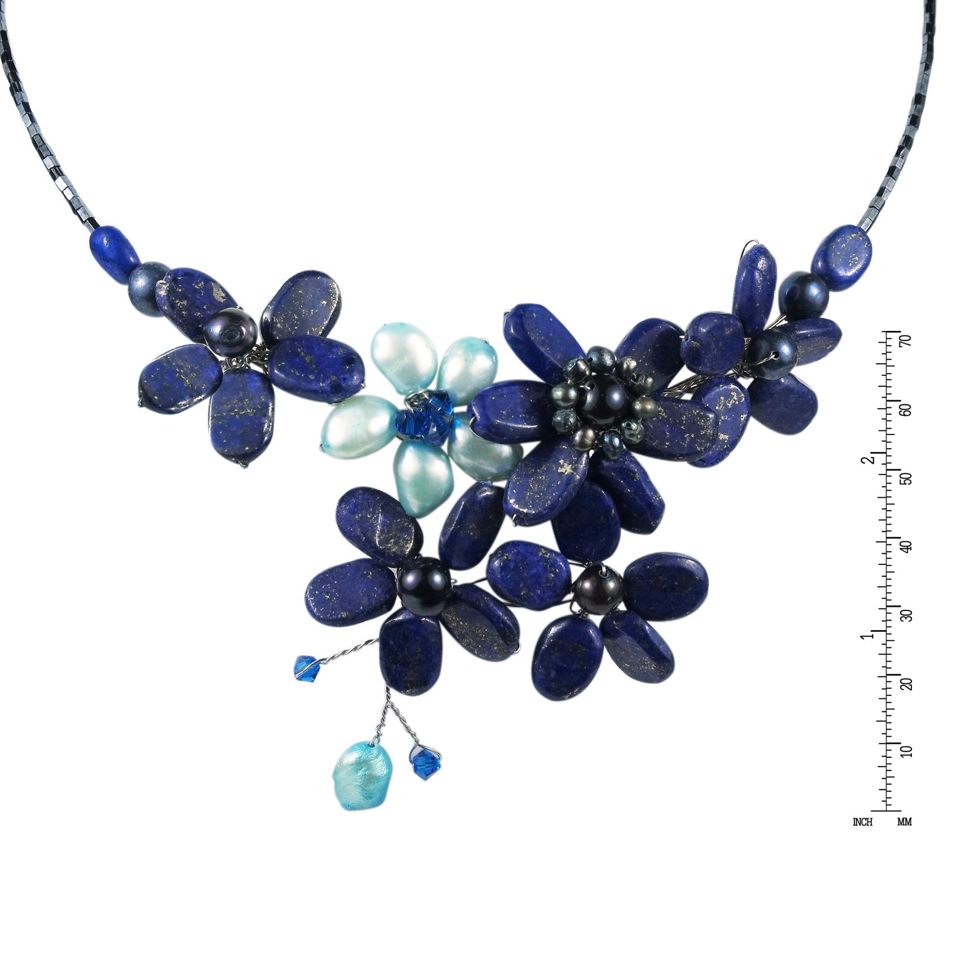 AeraVida Floral Lace Pearl Necklace - Blue Lapis Lazuli Crystal Choker for Women | Anniversary Gift Jewelry for Special Occasions
