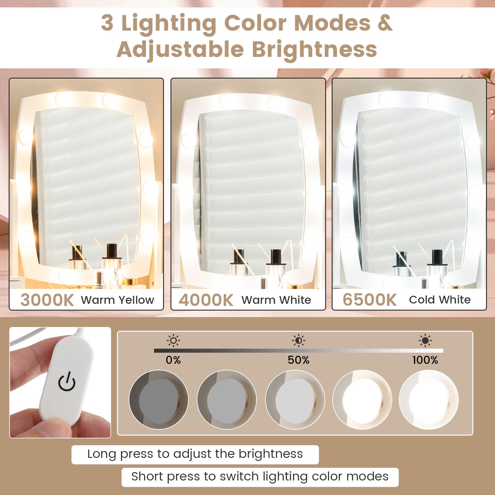 Charmaid Girls Makeup Vanity Desk with LED Mirror Lights - 10 Bulbs, 3 Lighting Modes, 4 Storage Drawers & Stool - Modern Dressing Table for Bedroom, Teen Room & Beauty Salon (White)