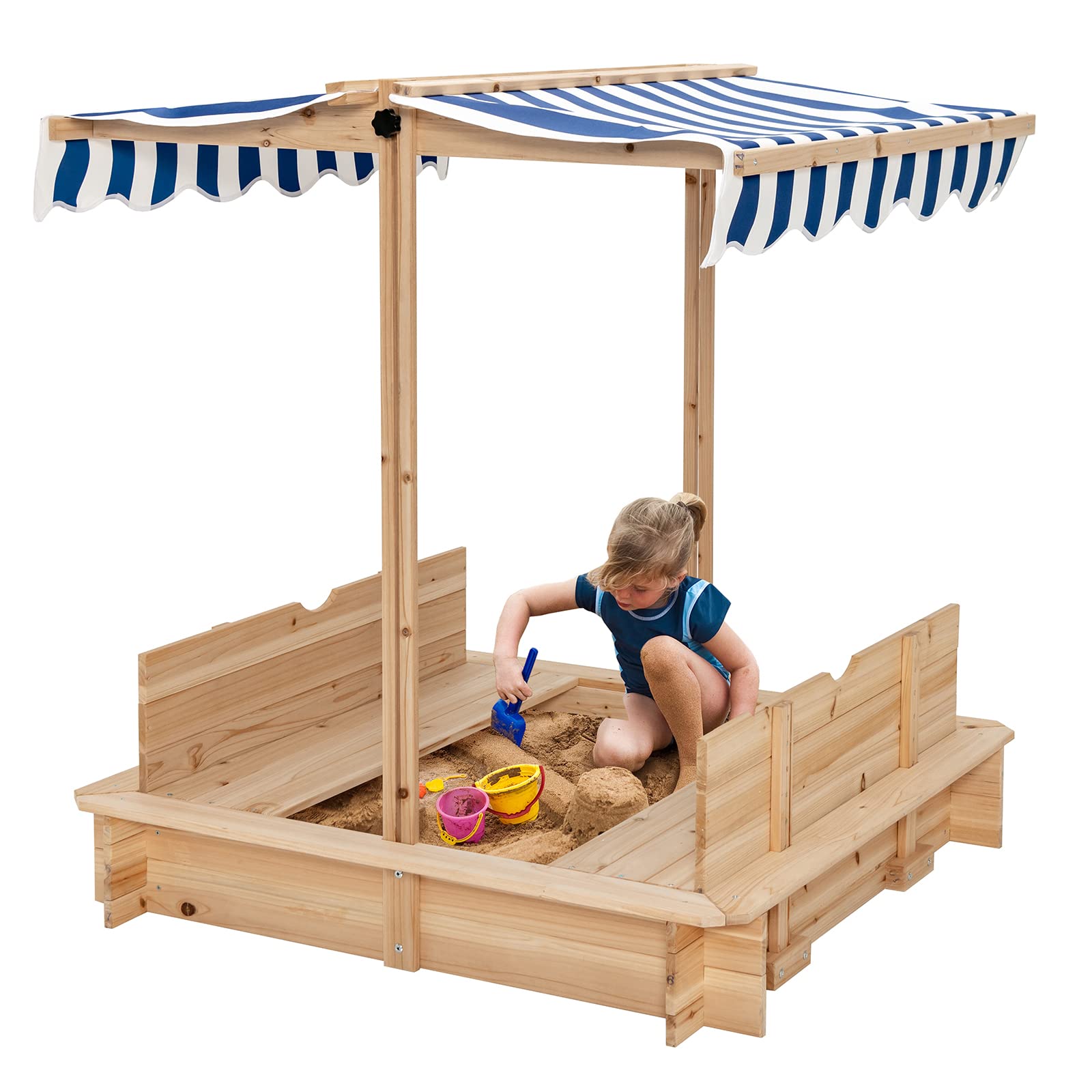 HONEY JOY Kids Sandbox with Canopy - Cedar Wood Bottomless Sand Pit for Backyard, Patio, Lawn & Garden - Outdoor Square Sandbox with Bench Seat & Backrest - Includes Lid - Perfect Gift for Boys & Girls Ages 3+ - Great for Outdoor Play, Sensory Activities & Backyard Fun