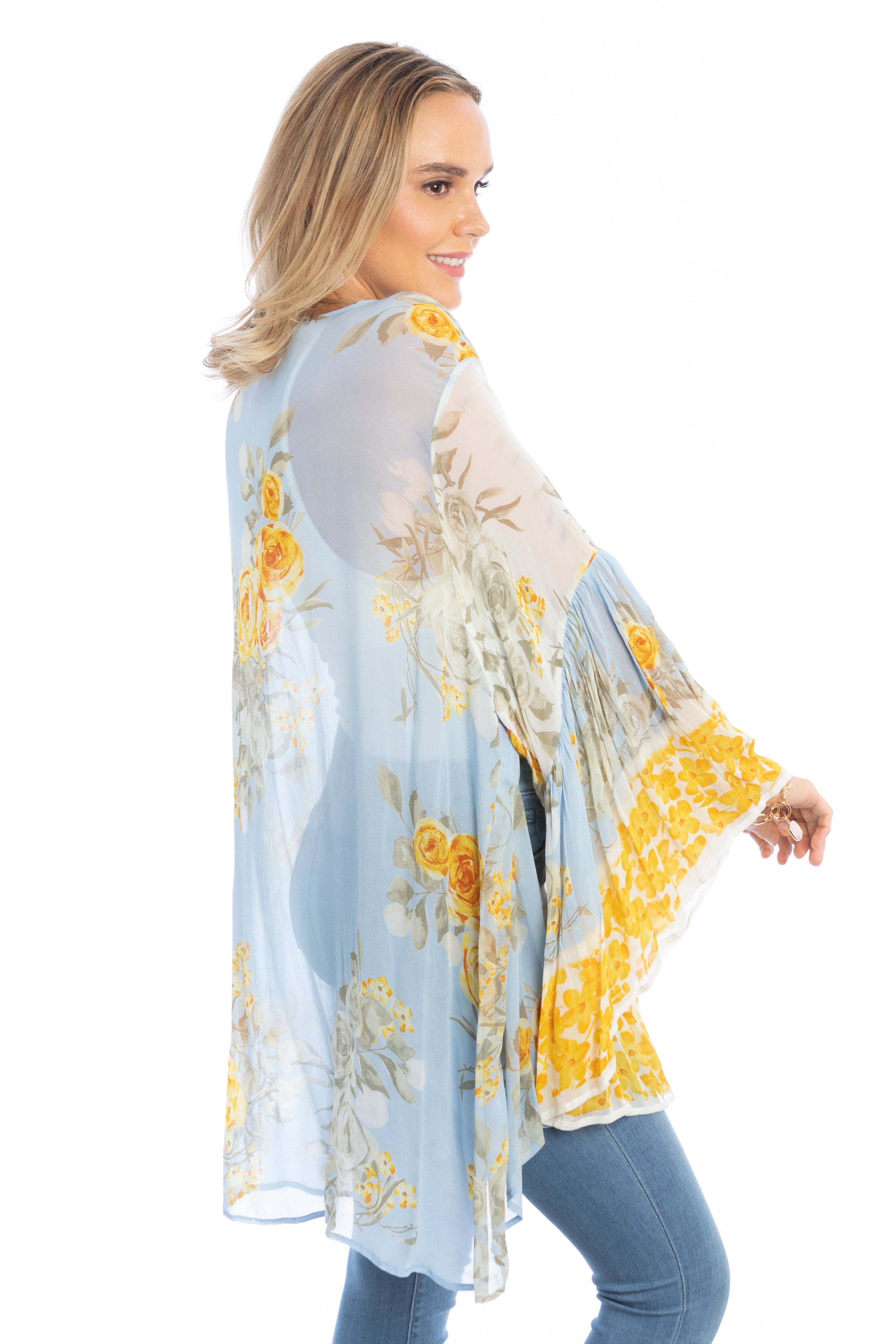 Mystical Garden Ruffle Sleeve Kimono - Floral Print Boho Cover Up for Women - Perfect for Beach, Pool, or Summer Outfits
