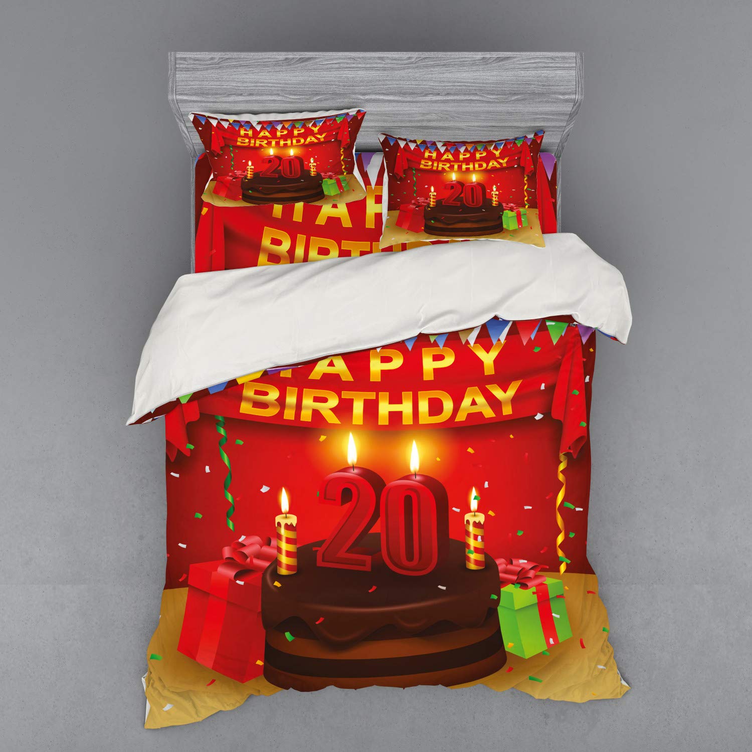 Ambesonne 20th Birthday Bedding Set - 4 Piece Duvet Cover Set with Shams & Fitted Sheet, Queen Size, Multicolor Happy Birthday Party Design - Perfect for Birthday Decorations, Room Makeover & Gift Ideas