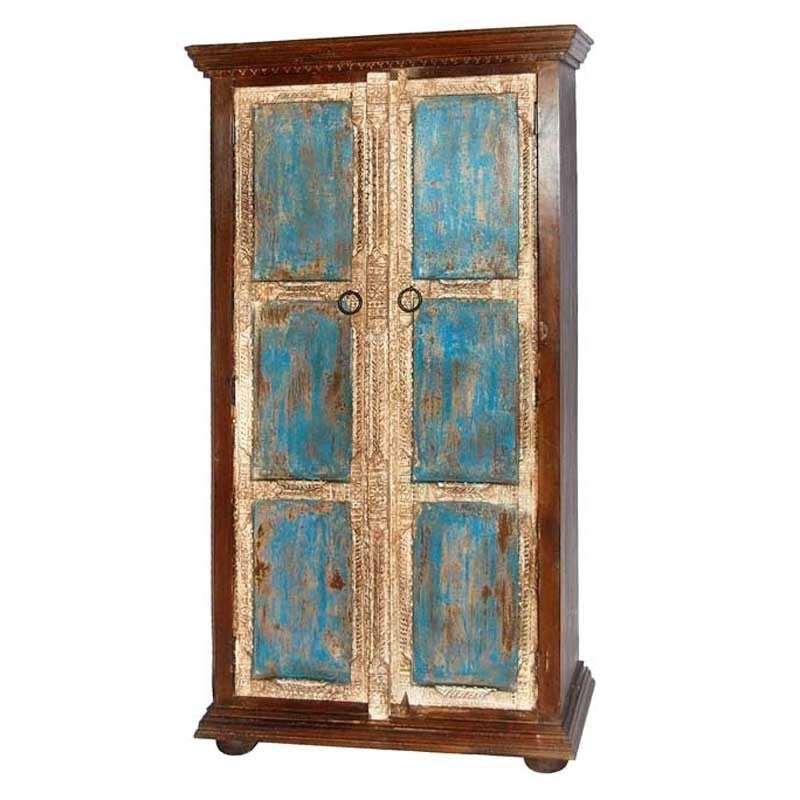 Vintage Embossed Antique Brass Wooden Almirah Wardrobe - Ethnic Handcrafted Storage Cabinet with Brass Finish | Perfect for Bedroom, Living Room & Boho Home Decor