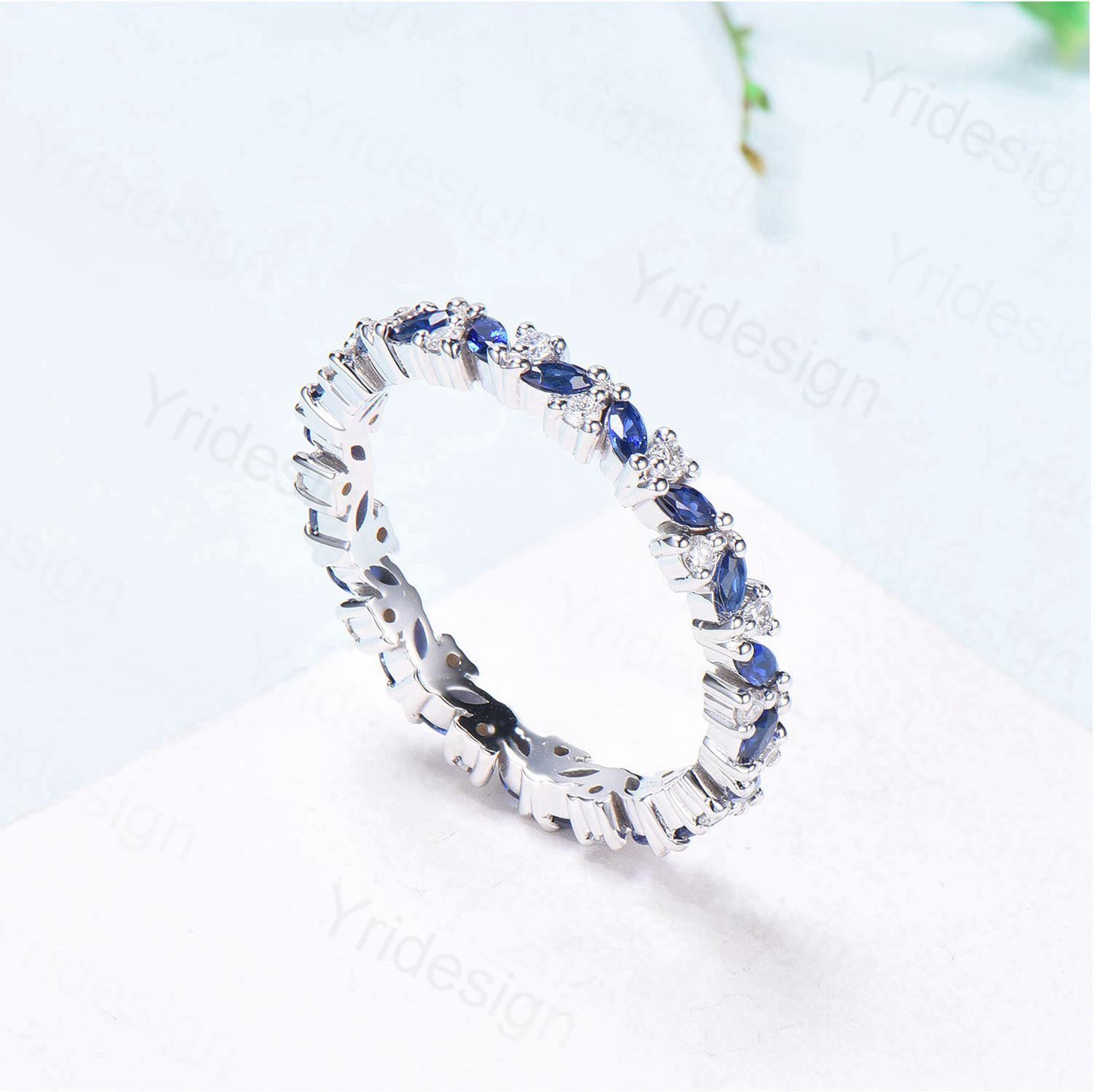 14K Rose Gold Marquise Cut Sapphire Eternity Wedding Band for Women - Stackable Promise Ring, Anniversary Gift for Her - Perfect for Bridal Sets, Engagements & Special Occasions