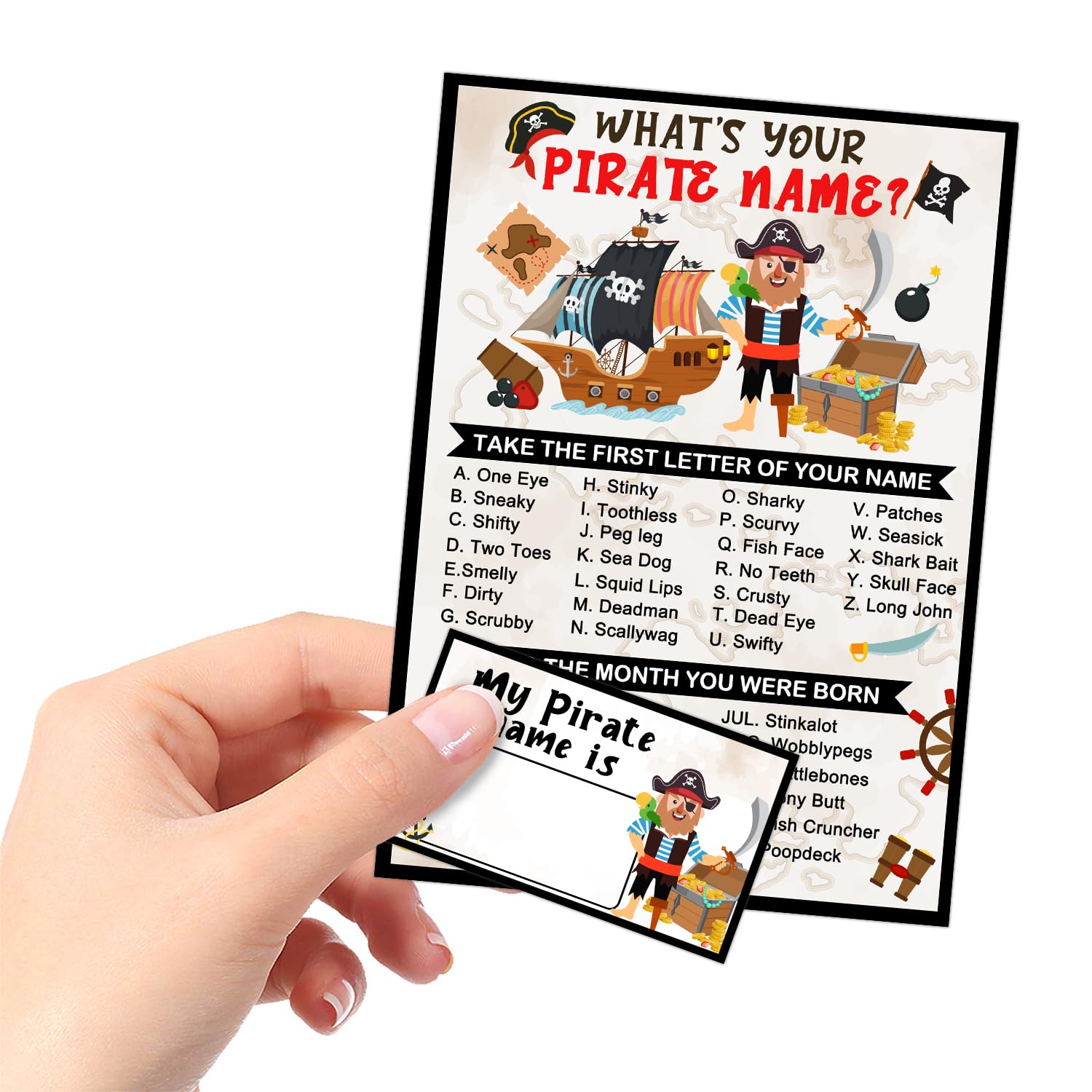 Pirate Name Game Set with Sign & 30 Cards - Fun Pirate Birthday Party Decorations for Boys - Perfect for Pirate Themed Parties, Treasure Hunts & Holiday Activities