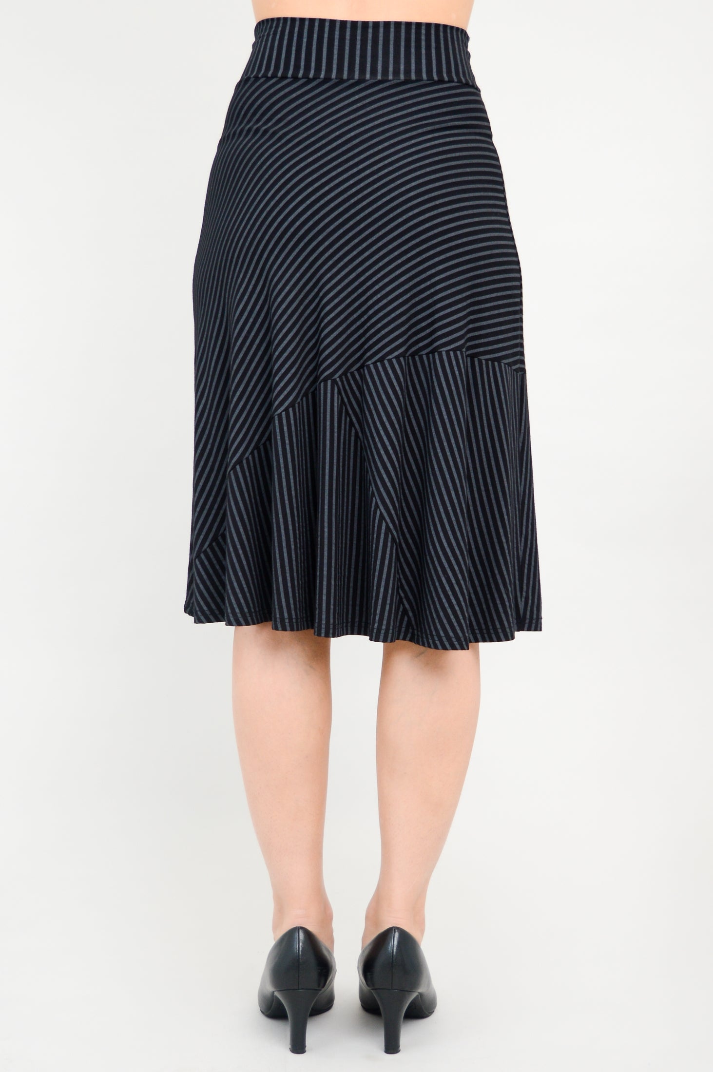 Lillian Skirt - Black & Grey Striped Bamboo Fabric Women's Midi Skirt | Comfortable & Eco-Friendly | Perfect for Office, Date Night & Summer Outfits
