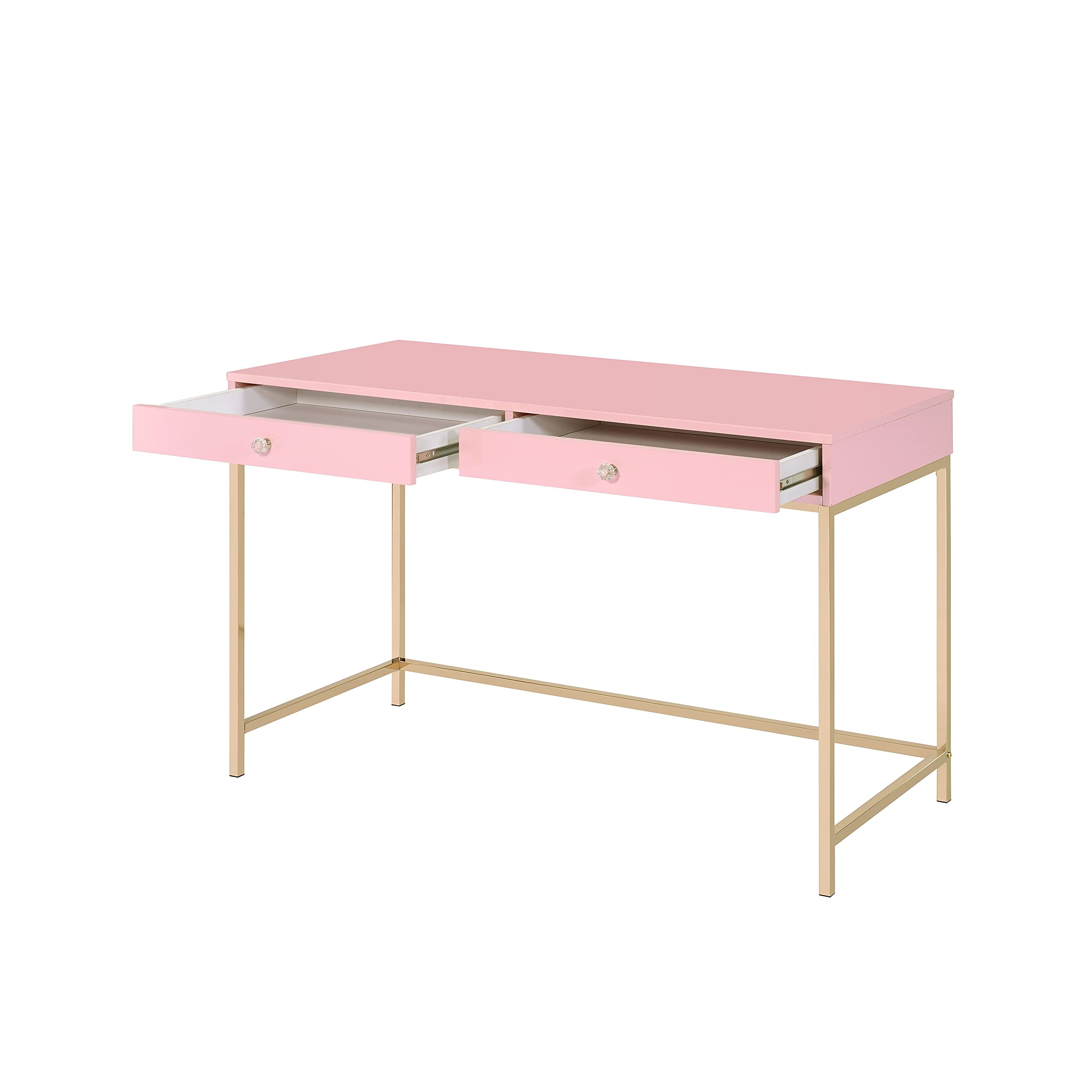 Modern Pink Writing Desk with 2 Drawers - Contemporary Home Office Computer Desk with Sturdy Metal Legs, Multifunctional Study Desk & Makeup Vanity Table for Small Spaces, Bedroom & Dorm Room