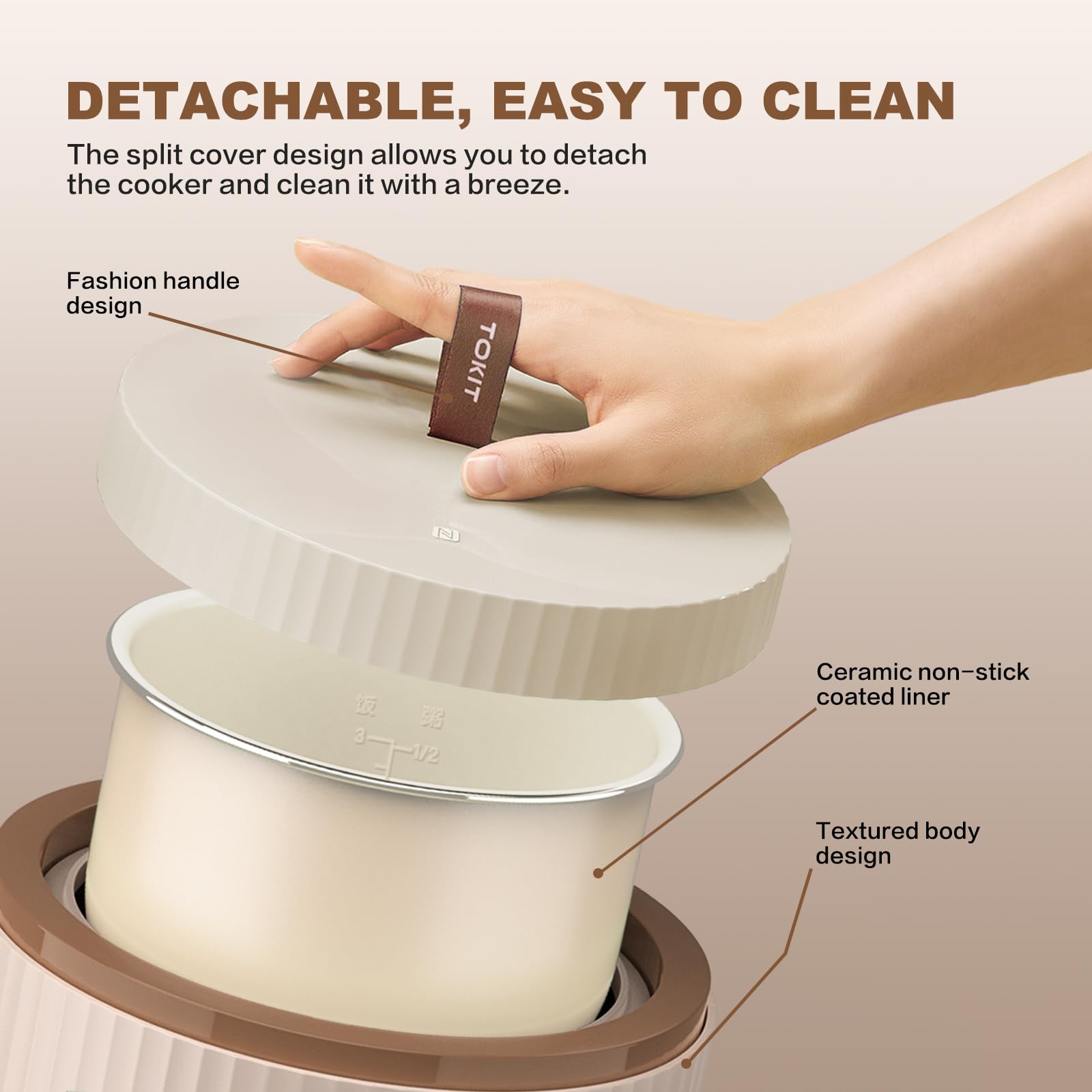 TOKIT Cuociriso PRO 1.5L Mini Rice Cooker - Electric Ceramic Non-Stick Inner Pot with Touch Display, Perfect for 1-3 People - Ideal Gift for Women, Men, Couples & Students (Beige) - Great for Dorms, Small Kitchens & Quick Meals