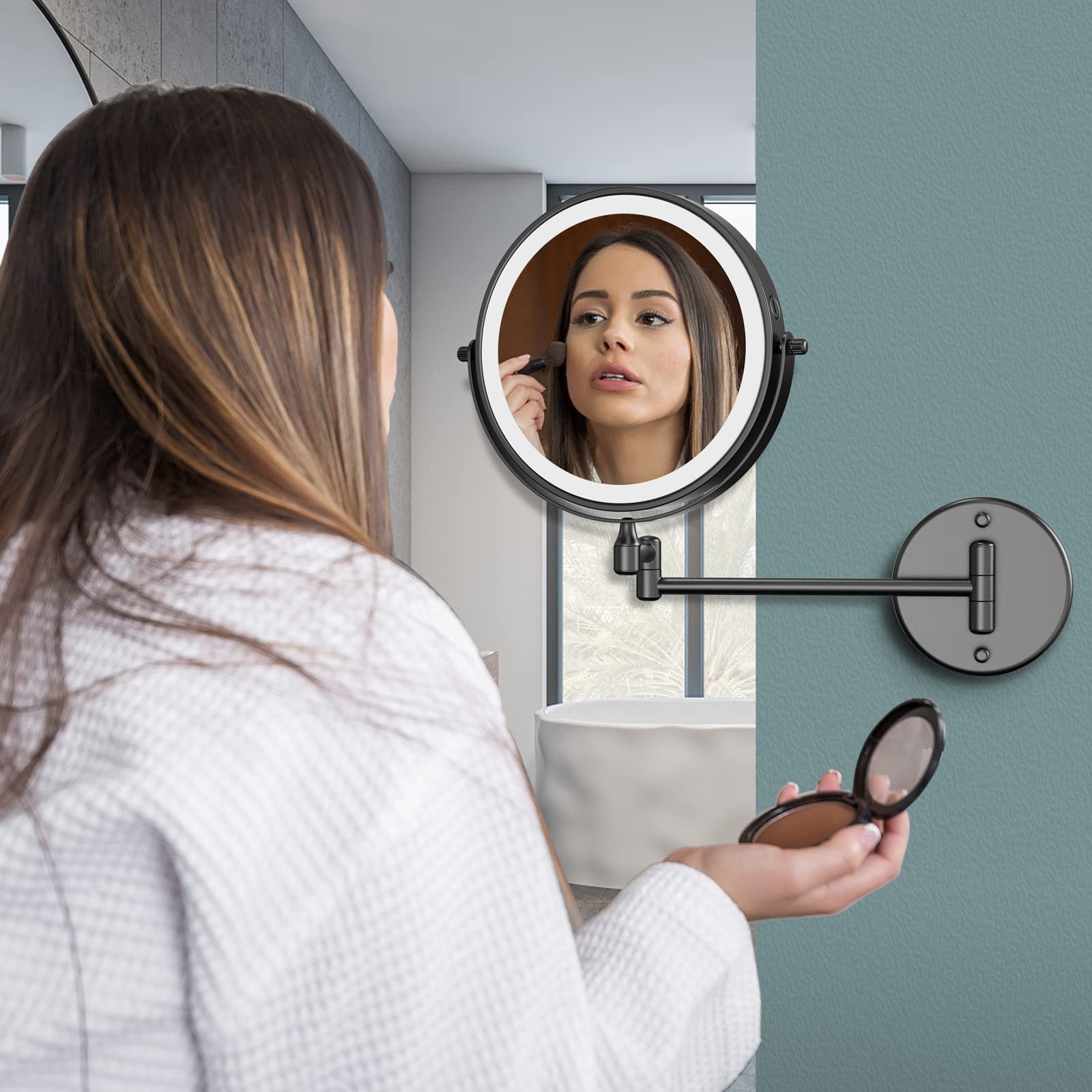 Rechargeable 8 Inch Wall Mounted LED Makeup Mirror - 1X/10X Magnification, 3 Color Lighting, Touch Dimming, 360° Rotation for Vanity & Bathroom | Perfect for Makeup Application, Skincare & Grooming
