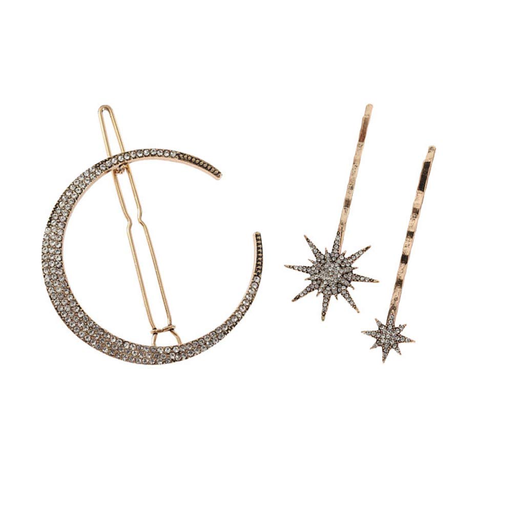 YAZILIND Metal Alloy Hair Clips Set for Women - Rhinestone Pentagram & Moon Shape Hairpins - Fashion Hair Accessories for Parties, Weddings & Daily Use